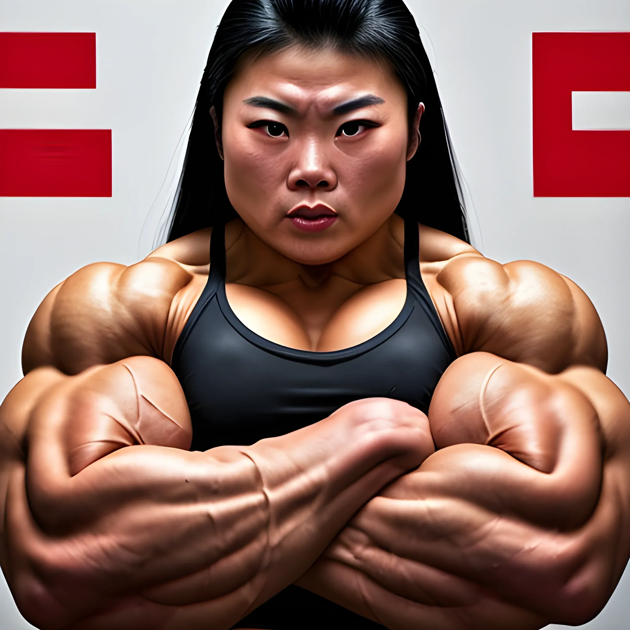 25 year-old, hyper-muscular Chinese woman, massive female bodybuilder, supersize traps, squeezing incredibly hard, high quality photo, realism; armwrestling with muscle man