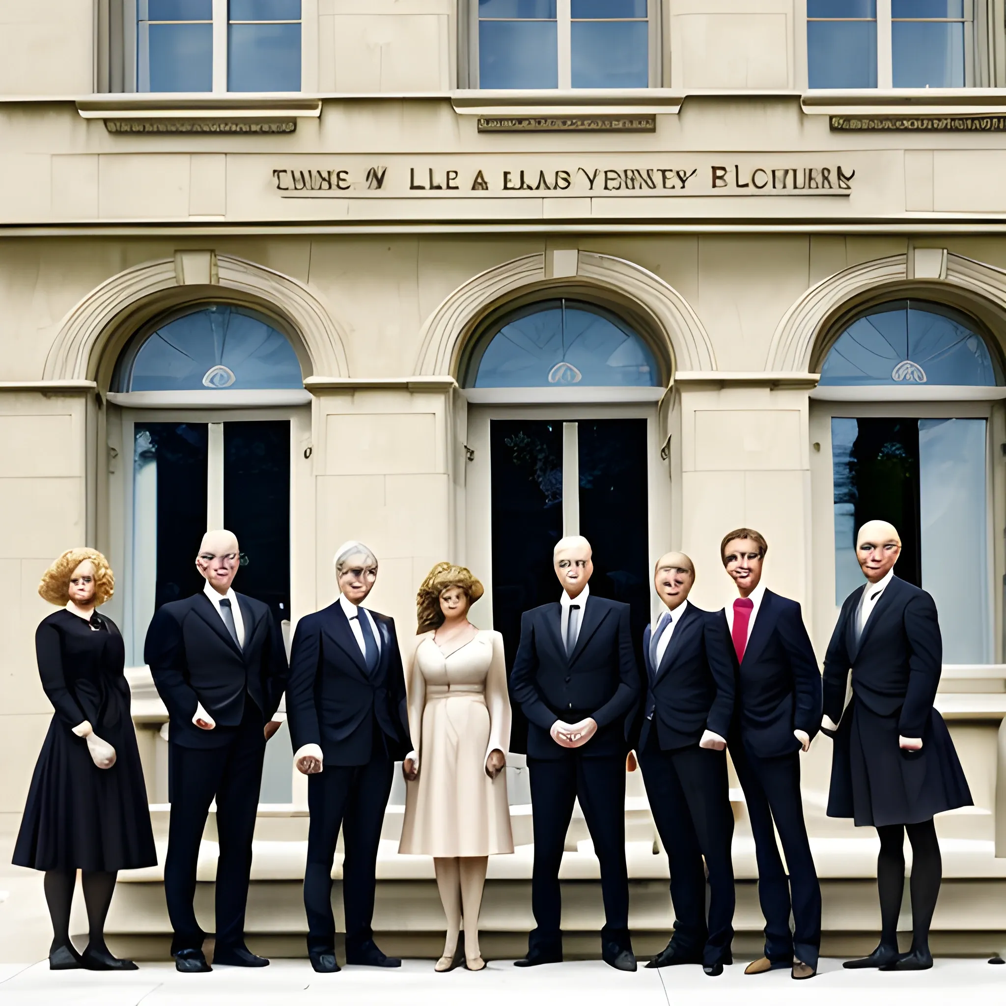 standing five men and two women，in front of the GCL，