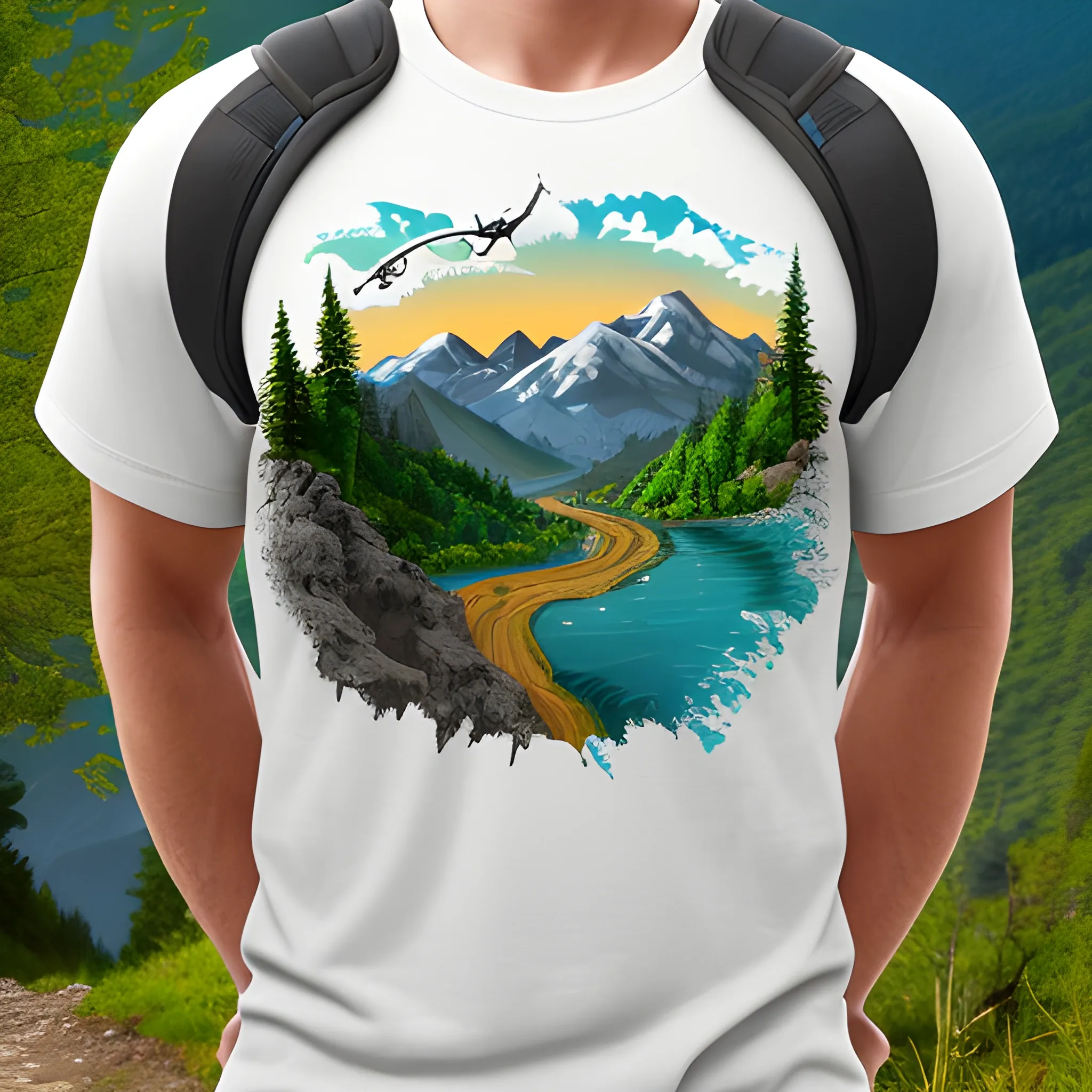 A smart and eye-catching design for a hiking t-shirt, showing both front and rear views.  The front shows a vibrant, abstract landscape with trees, birds, mountains and a winding road, that evokes a sense of adventure and connection with nature.  The back of the shirt features the silhouette of a waterfall, which adds to the energetic and lively aesthetic.  This design is perfect for hikers who love nature, the excitement and exploring the outdoors.