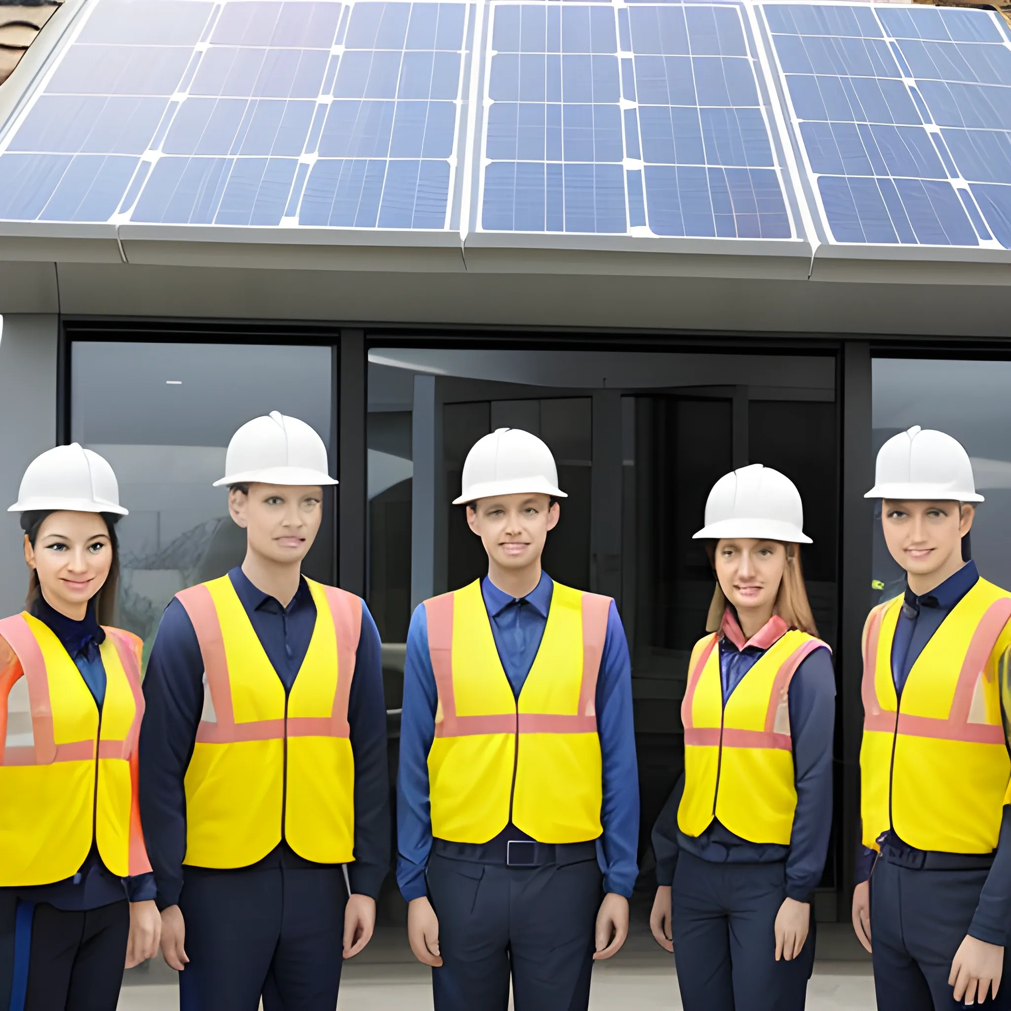 standing five men and two women，entrance of Photovoltaic panel company，