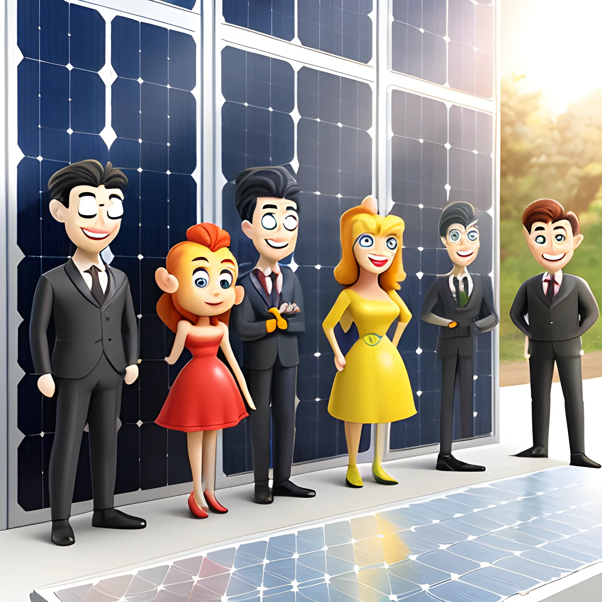 standing cartoon characters of five men and two women，entrance of Photovoltaic panel company，