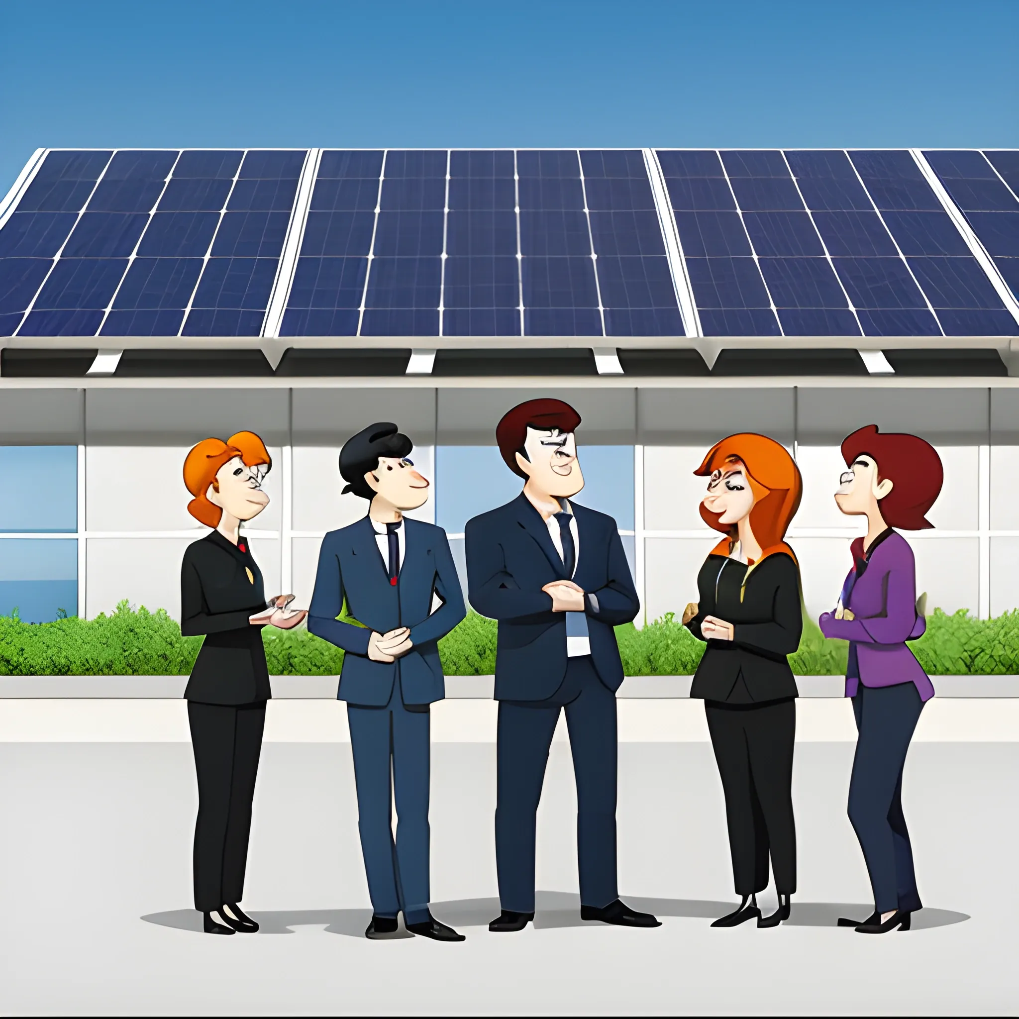 standing cartoon characters of five men and two women talking，entrance of photovoltaic panel building，