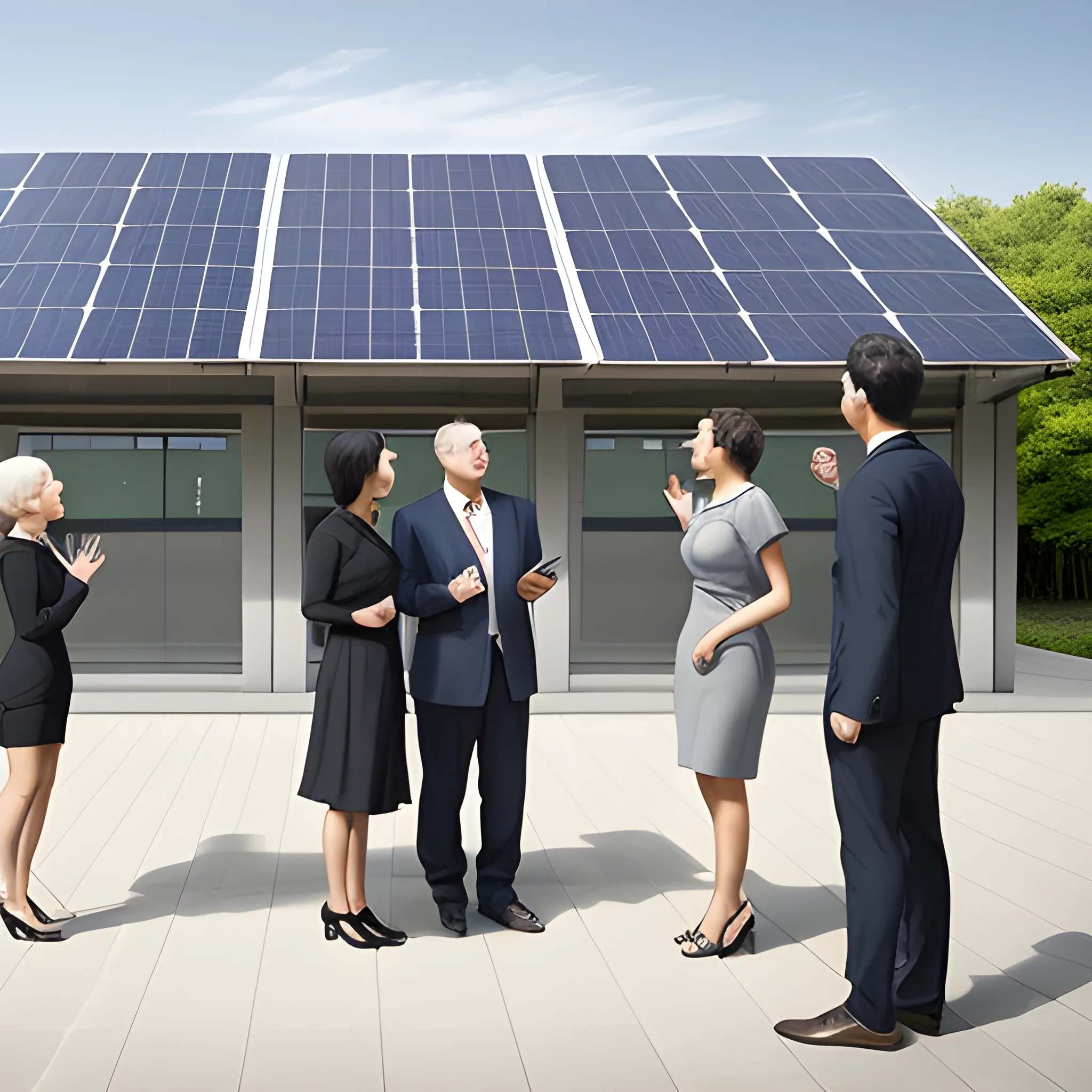 standing five men and two women talking，entrance of photovoltaic panel building，