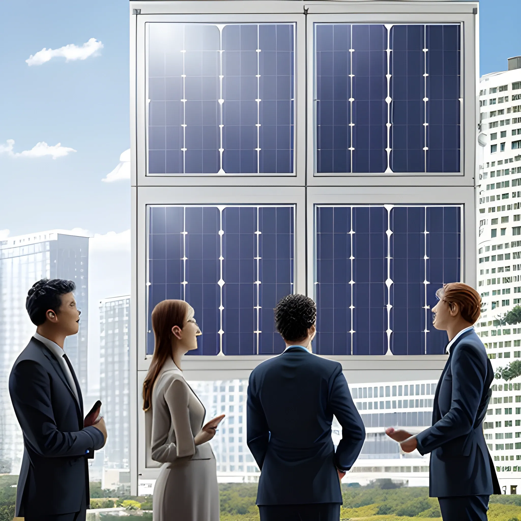 standing five men and two women talking，entrance of high-rise photovoltaic panel building，