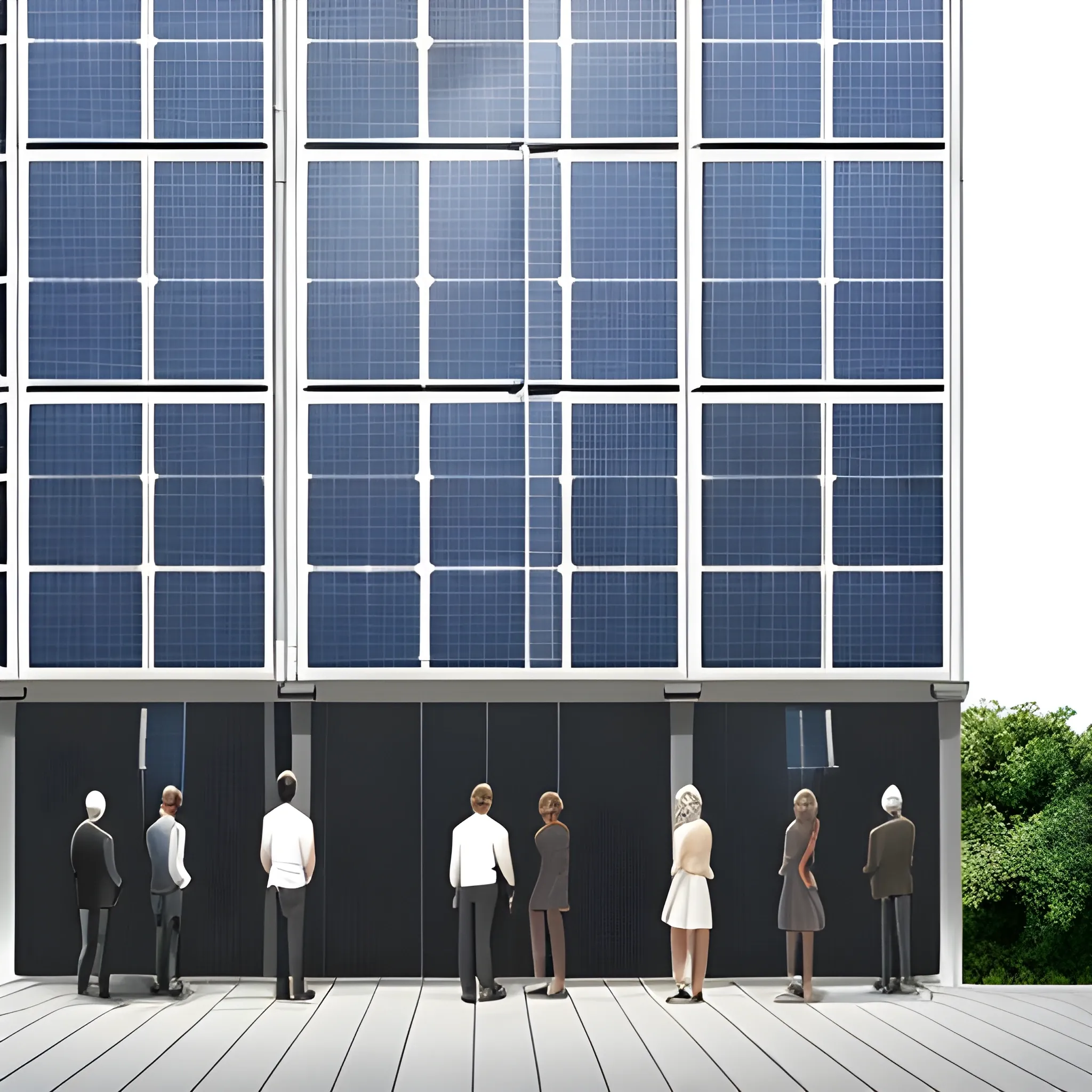 standing five men and two women talking，entrance of high-rise photovoltaic panel facade building，