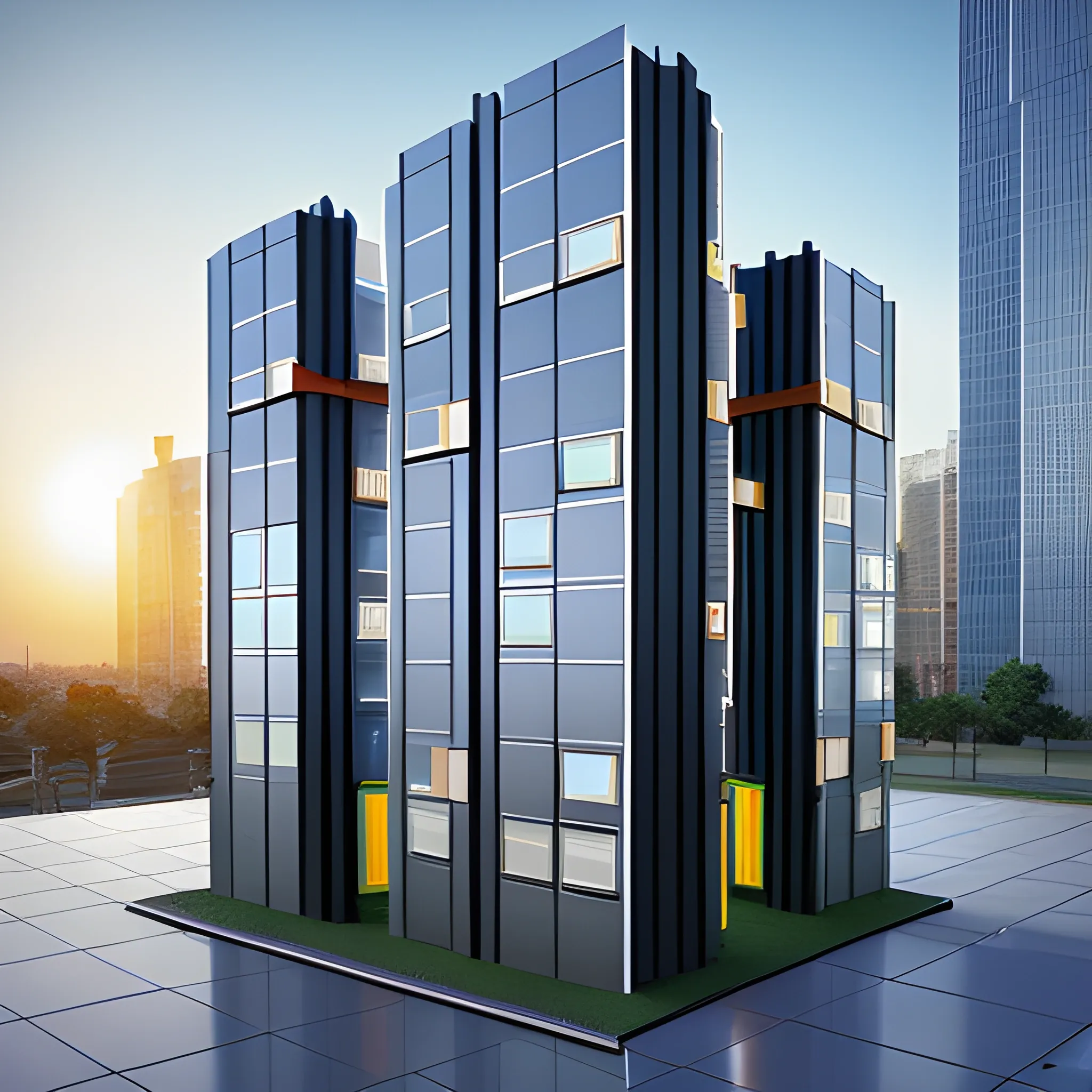 standing five men and two women talking，entrance of high-rise photovoltaic panel facade building，, 3D