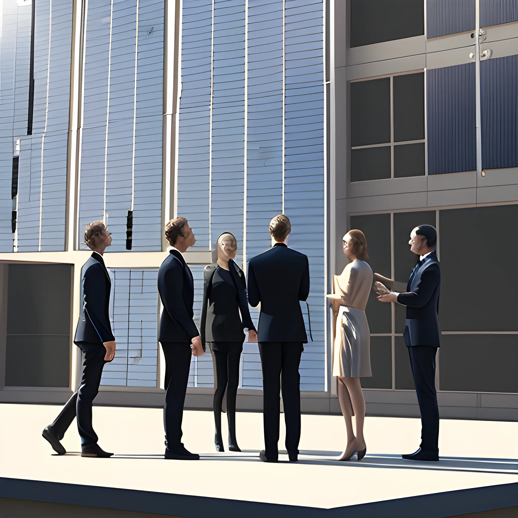 standing five men and two women talking，entrance of high-rise photovoltaic panel facade building, 3D