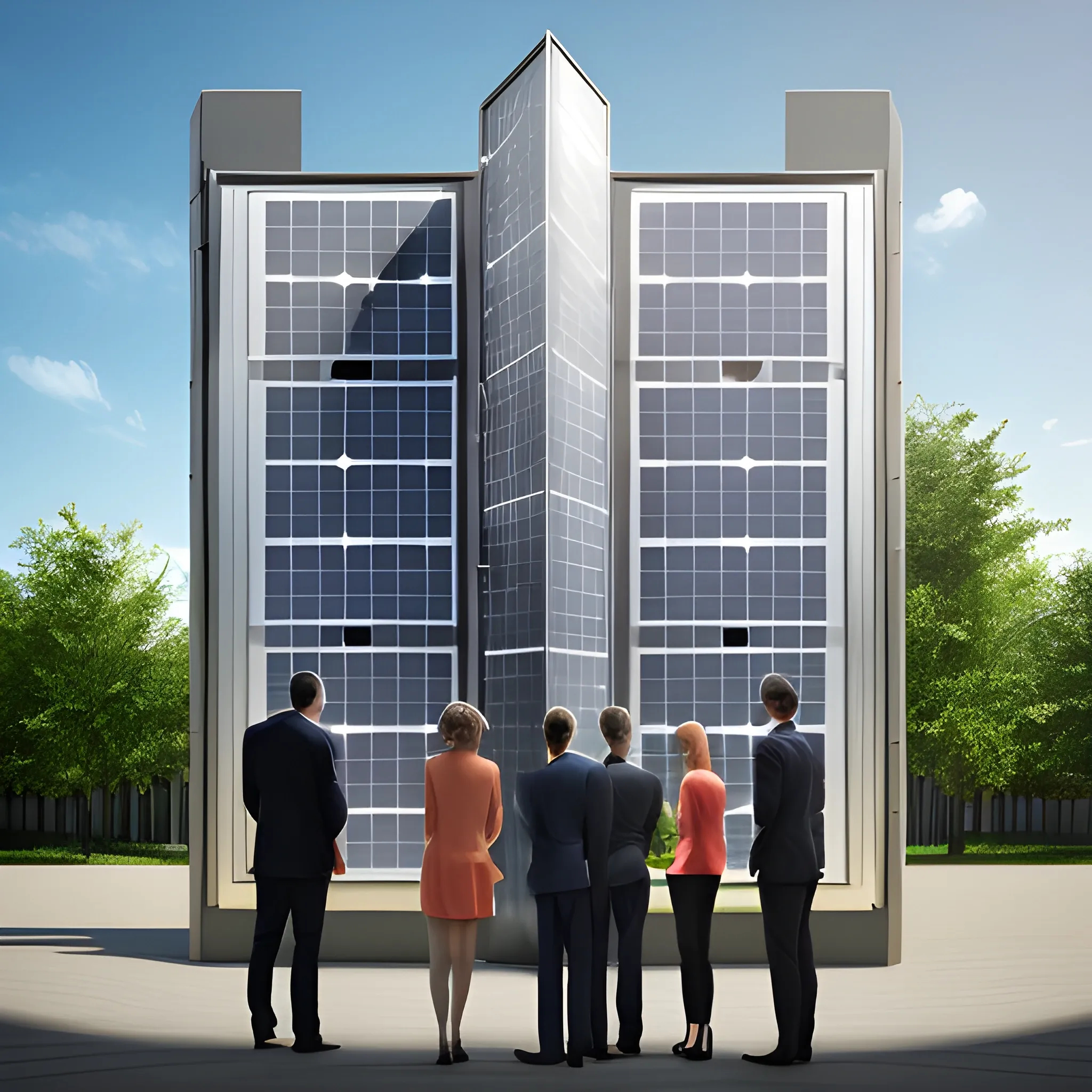 standing five men and two women talking，entrance of high-rise building, the facade of building is made of photovoltaic panel and plant，3D