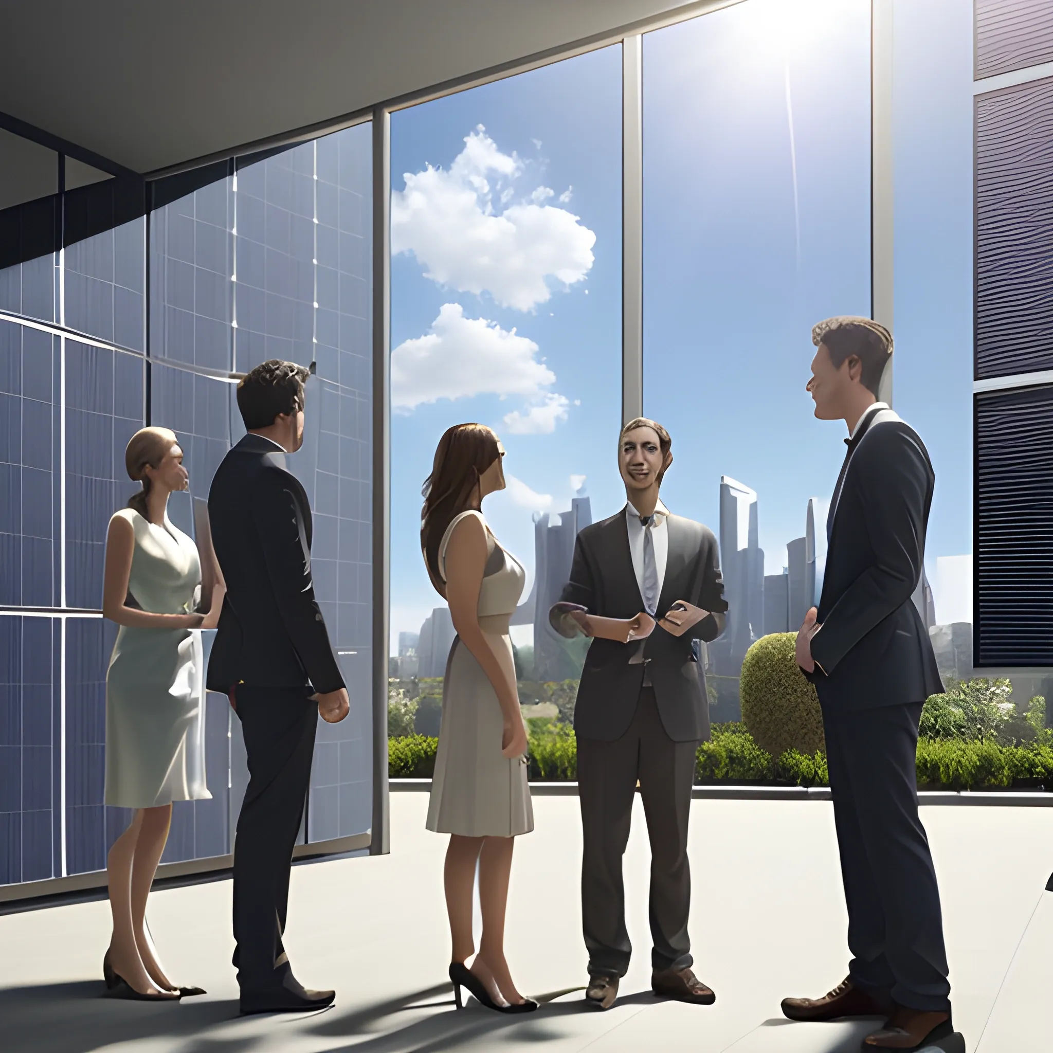 standing five men and two women talking，entrance of high-rise building, the building facade:  photovoltaic panel and plant，3D