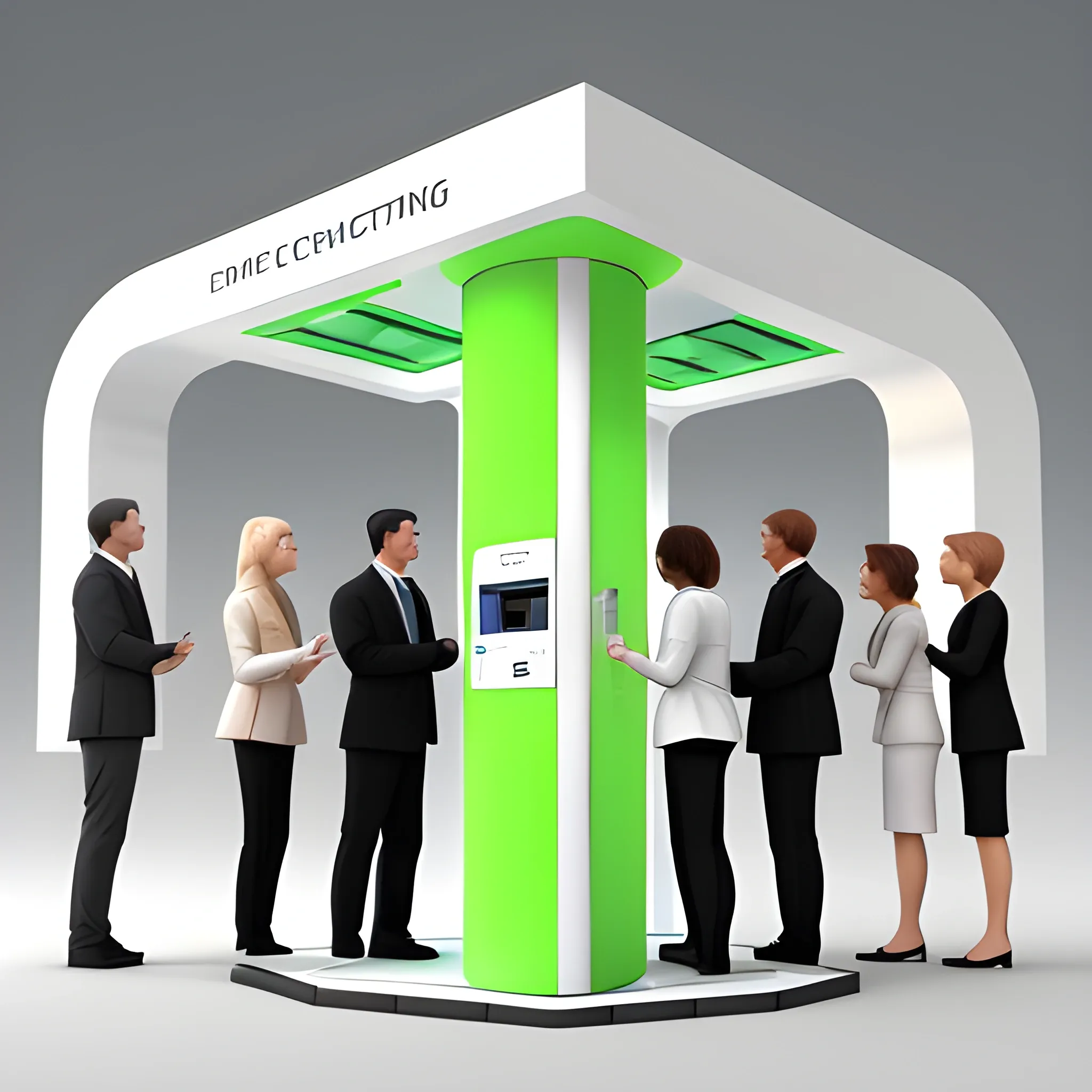 standing five men and two women talking，entrance of New energy charging station，3D