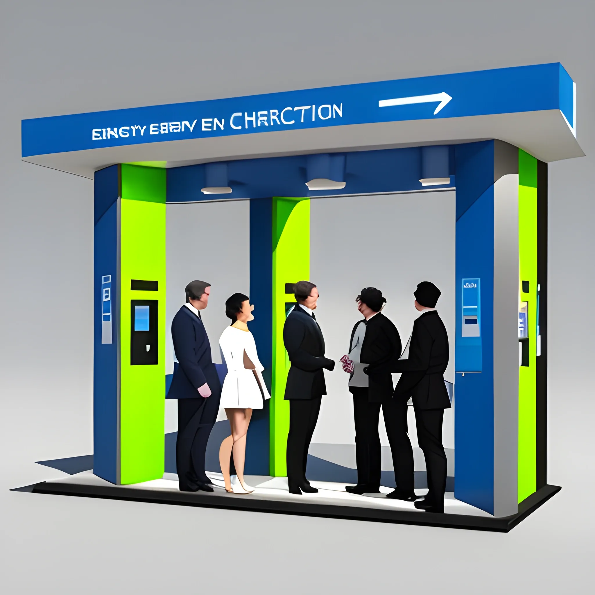 standing five men and two women talking，entrance of New energy charging station，3D，outside