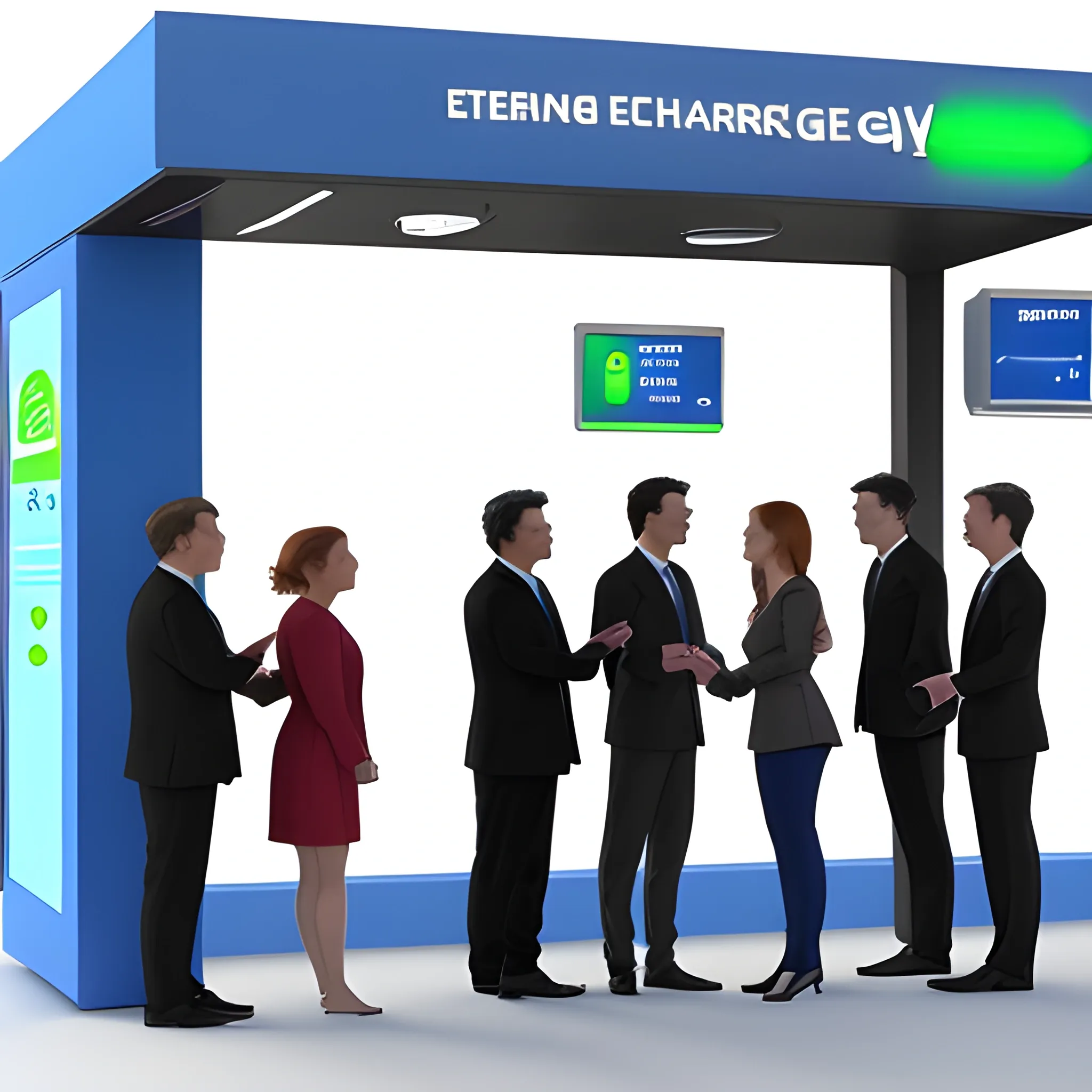 standing five men and two women talking，entrance of New energy charging station，3D，outside of company