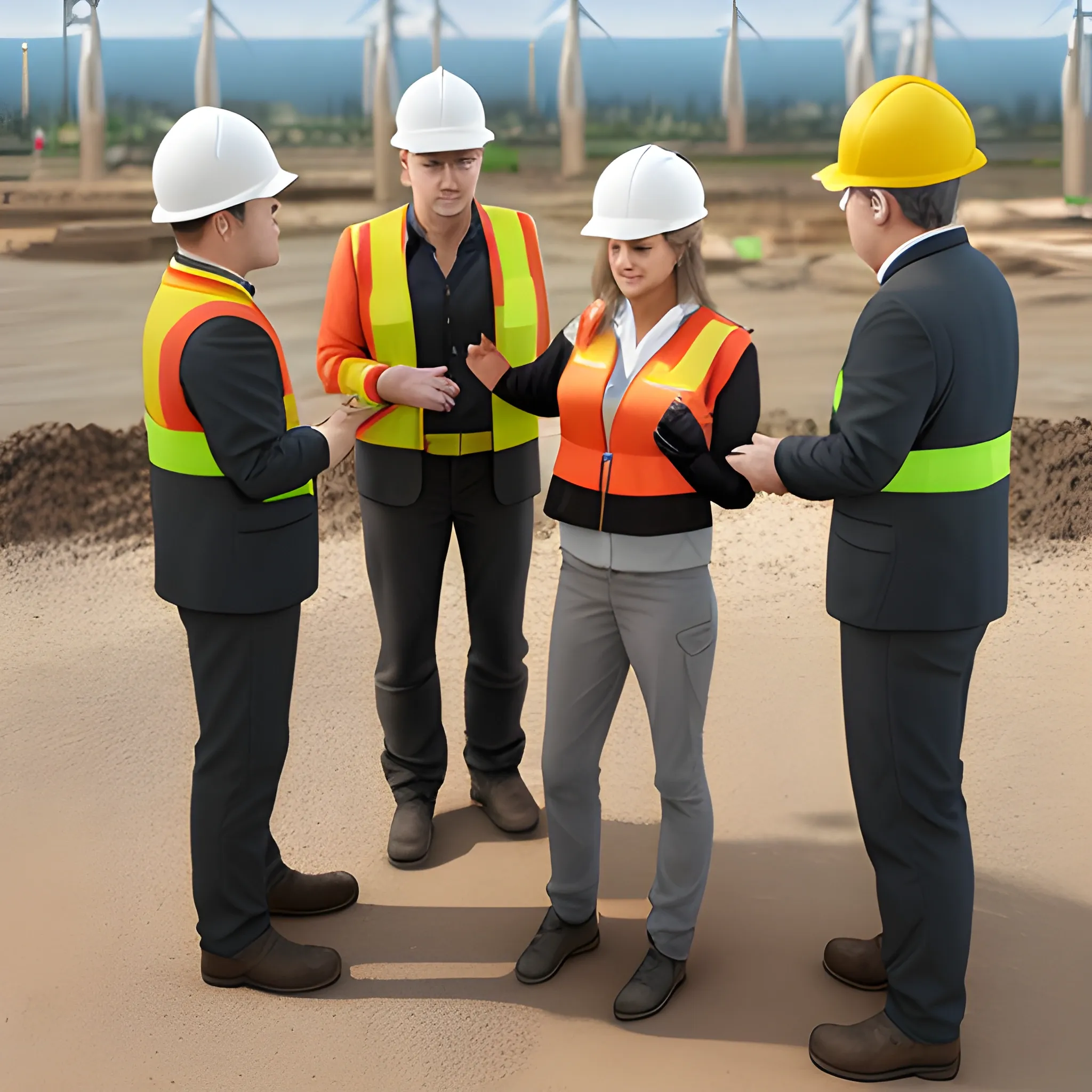 standing five men and two women talking，entrance of New energy charging piles，3D，outside of company