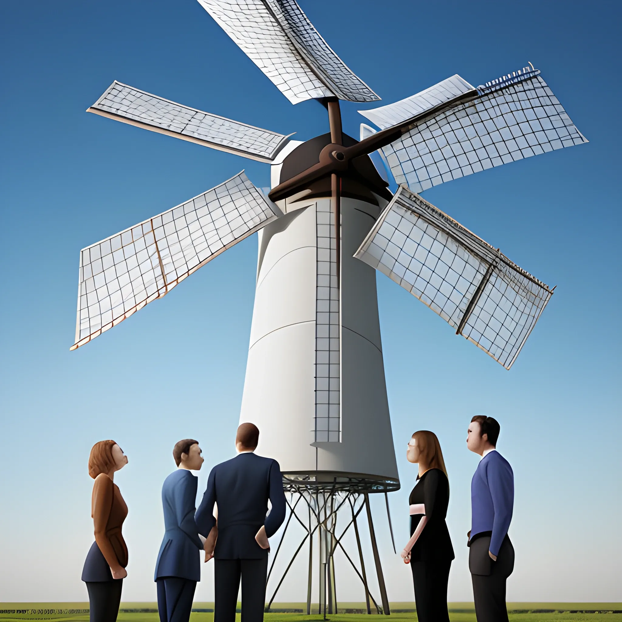 standing five men and two women talking，facing windmill，3D，outside of company