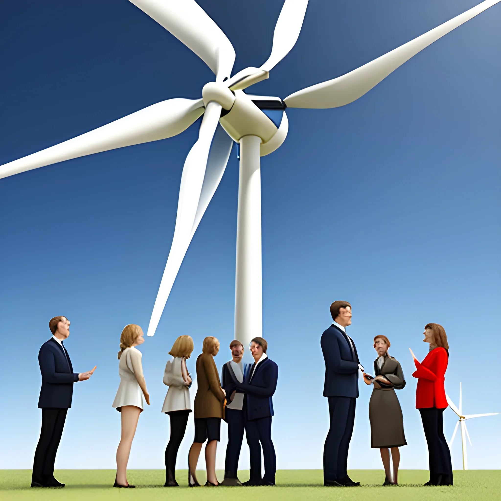 standing five men and two women talking，facing wind turbine，3D，outside of company