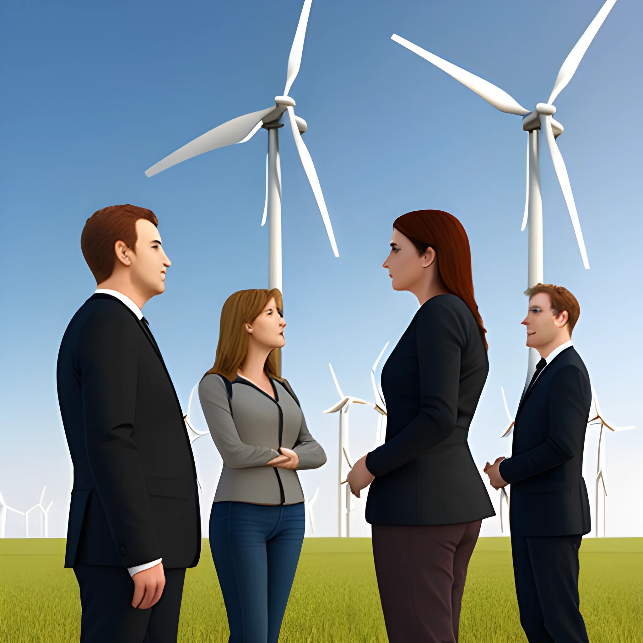 standing five men and two women talking，facing wind turbines，3D，outside of company