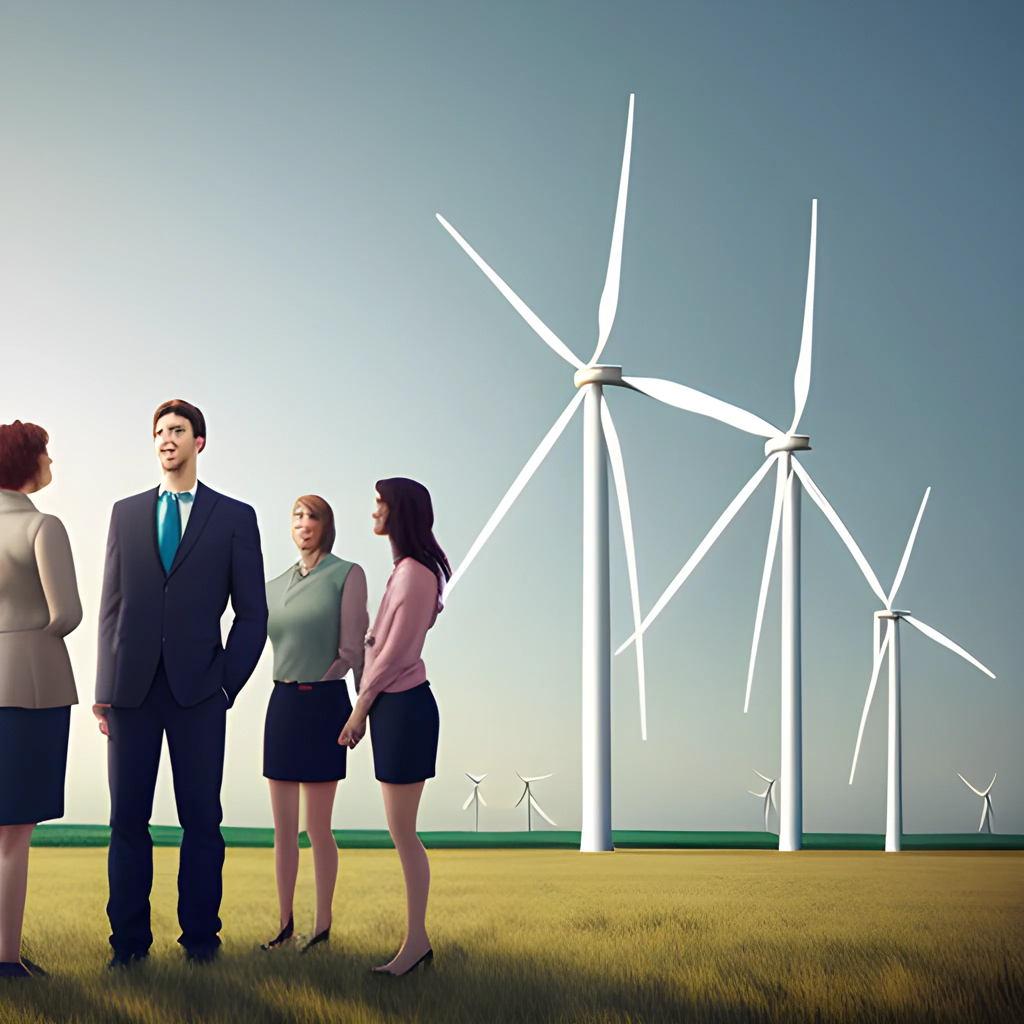 standing five men and two women talking，facing wind turbines，3D，plants surrounding