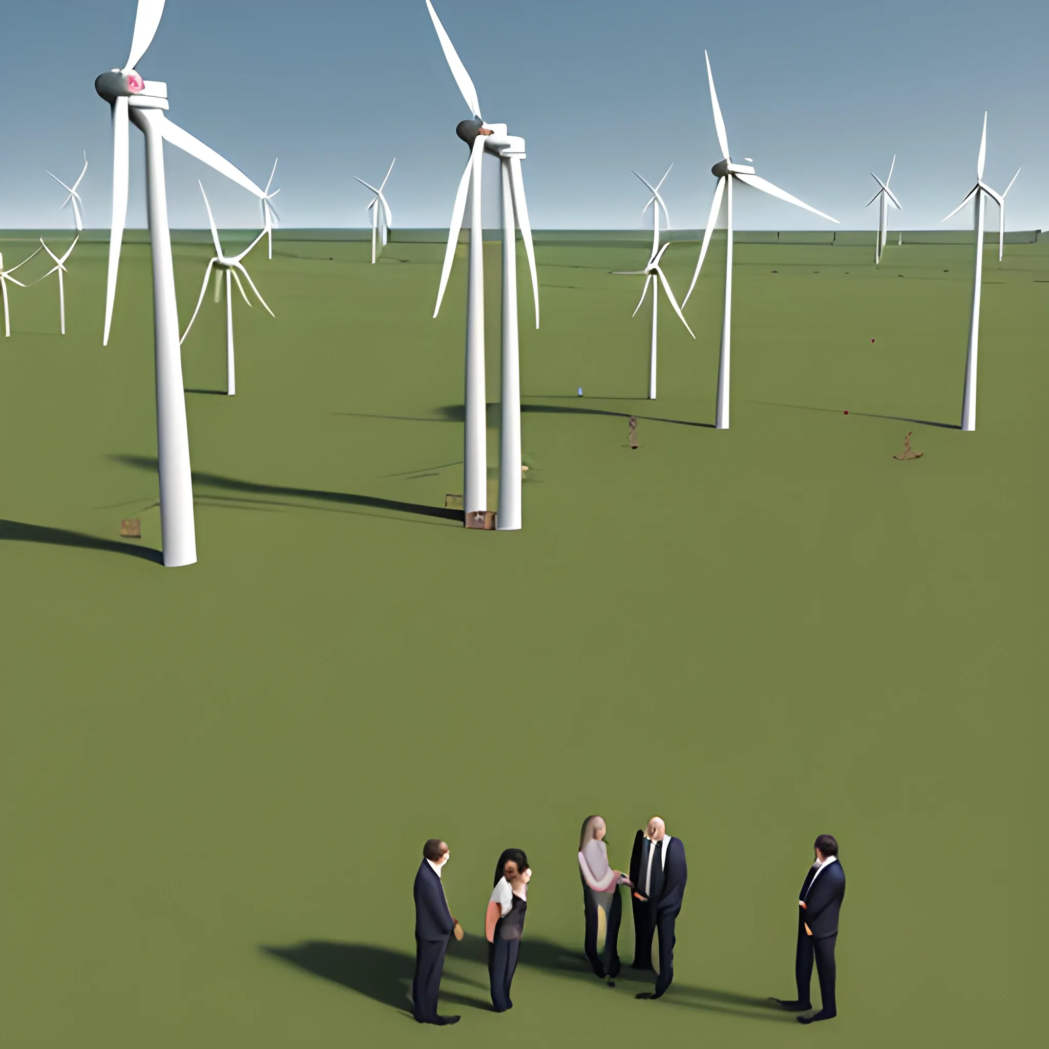 standing five men and two women talking，facing Three-blade wind turbines，3D，plants surrounding