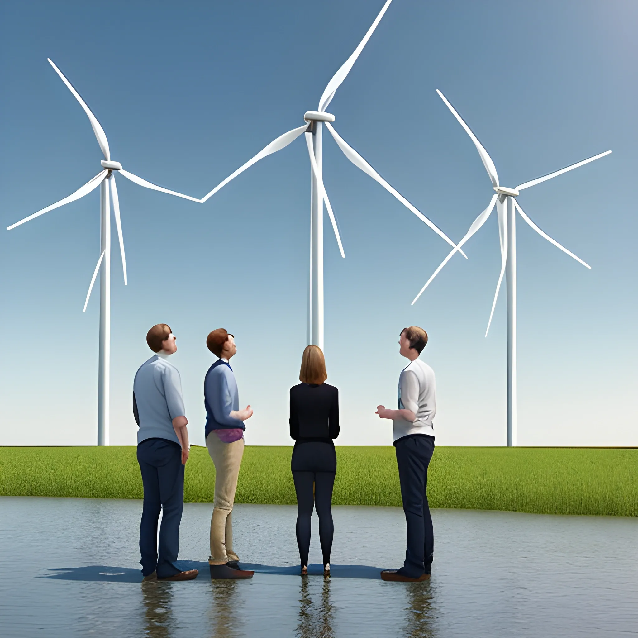 standing five men and two women talking，facing Three-blade wind turbines，3D，river