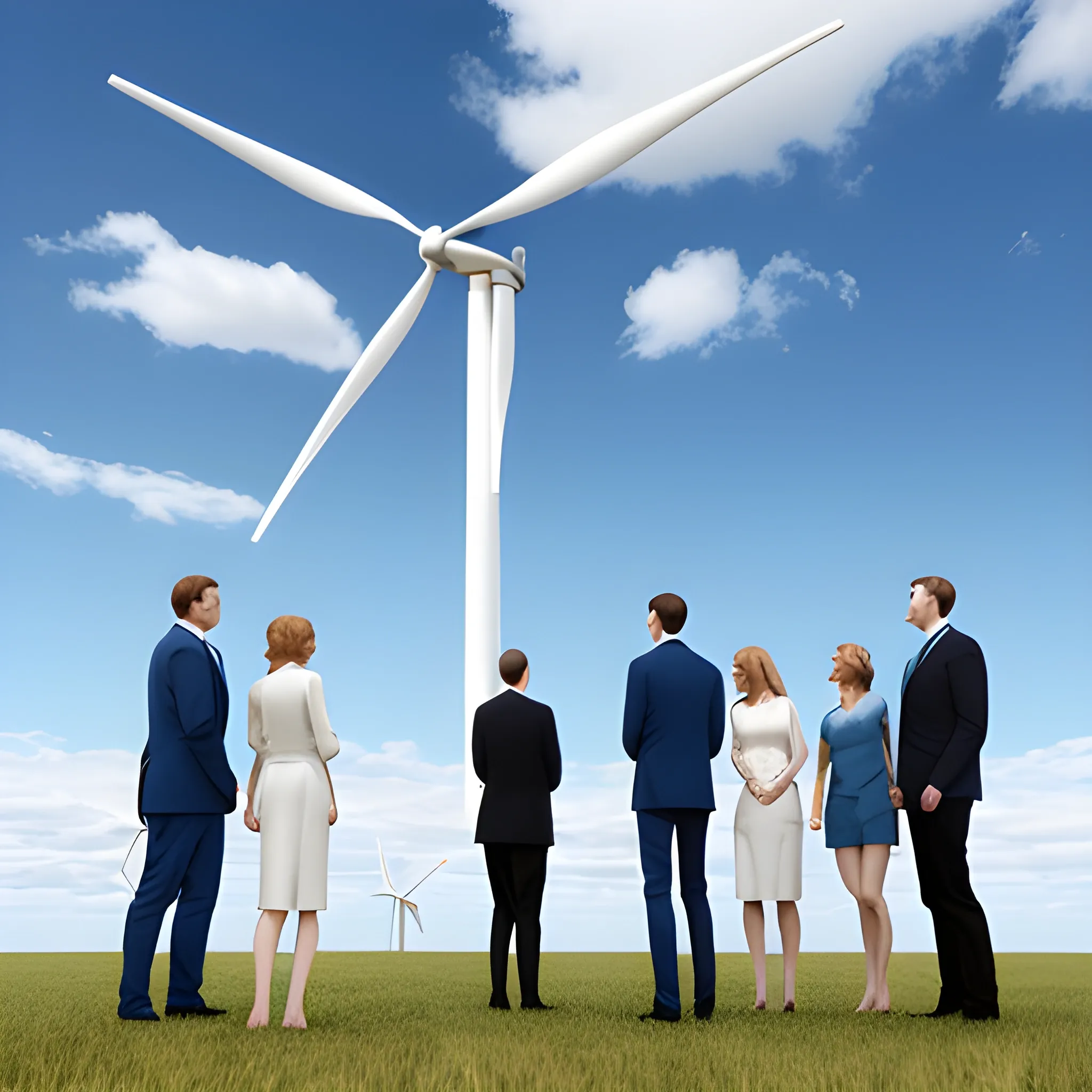 standing five men and two women talking，facing Three-blade wind turbines，3D，blue sky and white clouds