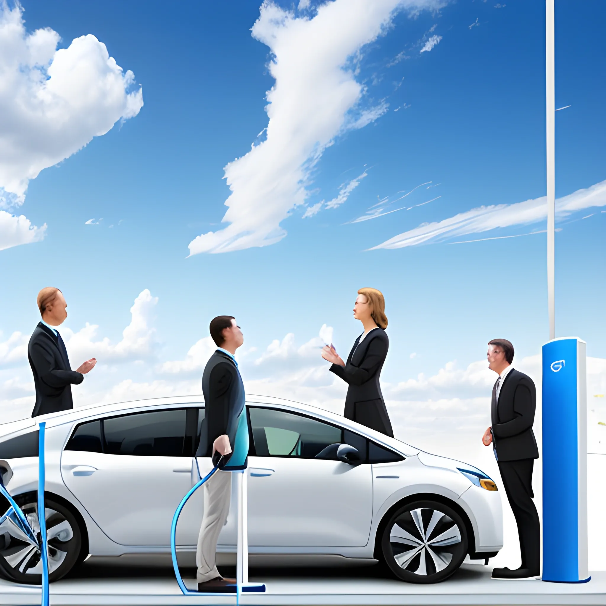 standing five men and two women talking，facing New Energy Vehicle Charging Station，3D，blue sky and white clouds