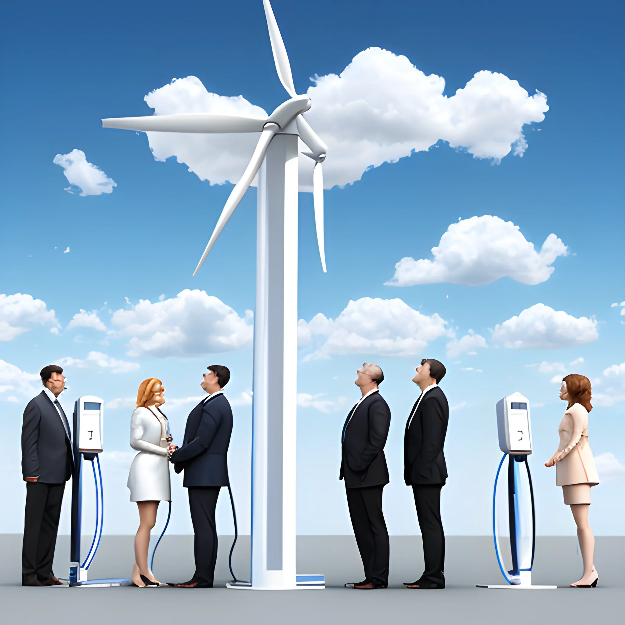 standing five men and two women talking，enhance the New Energy Vehicle Charging Station，3D，blue sky and white clouds