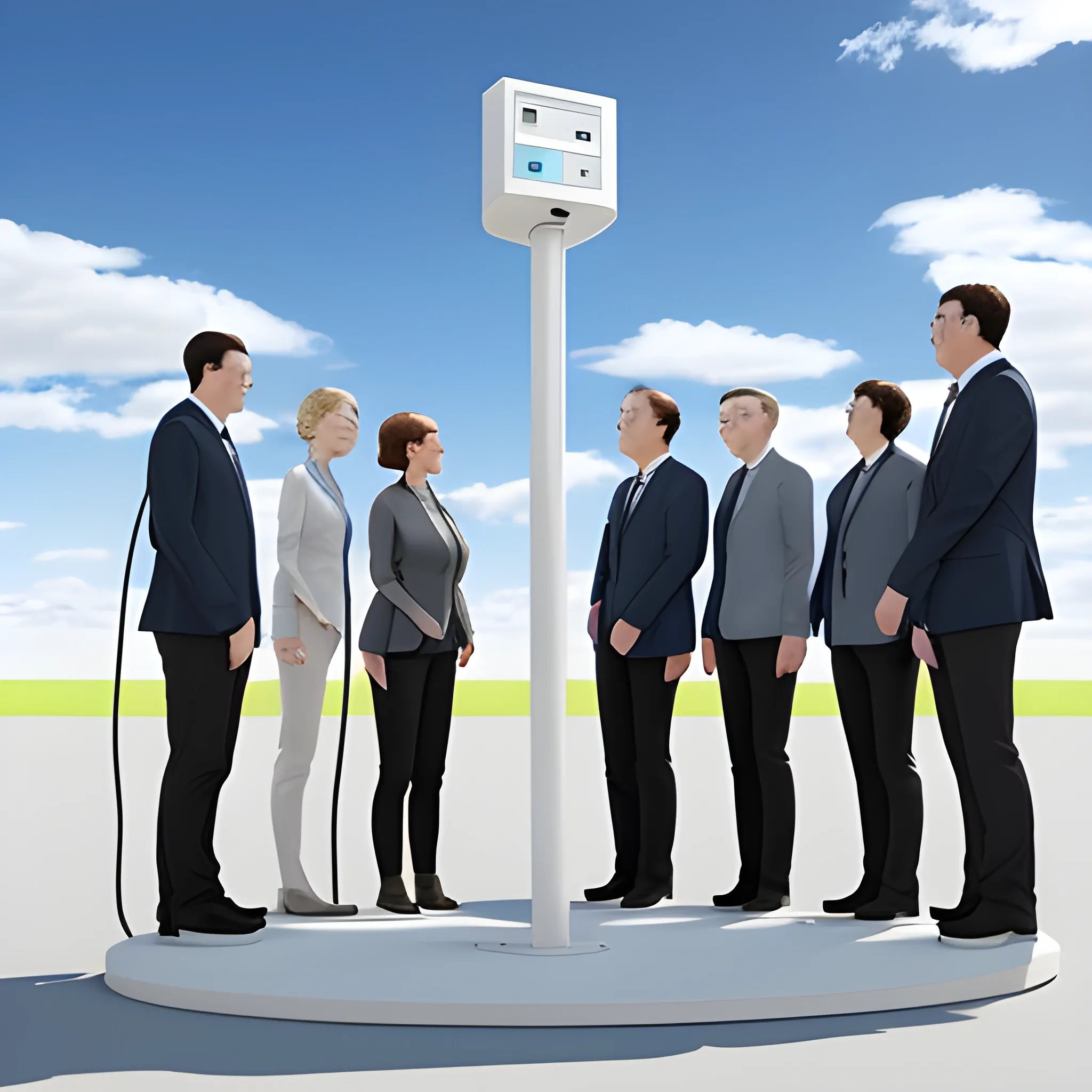 standing five men and two women talking，enhance the New Energy Vehicle Charging Station，3D，blue sky 