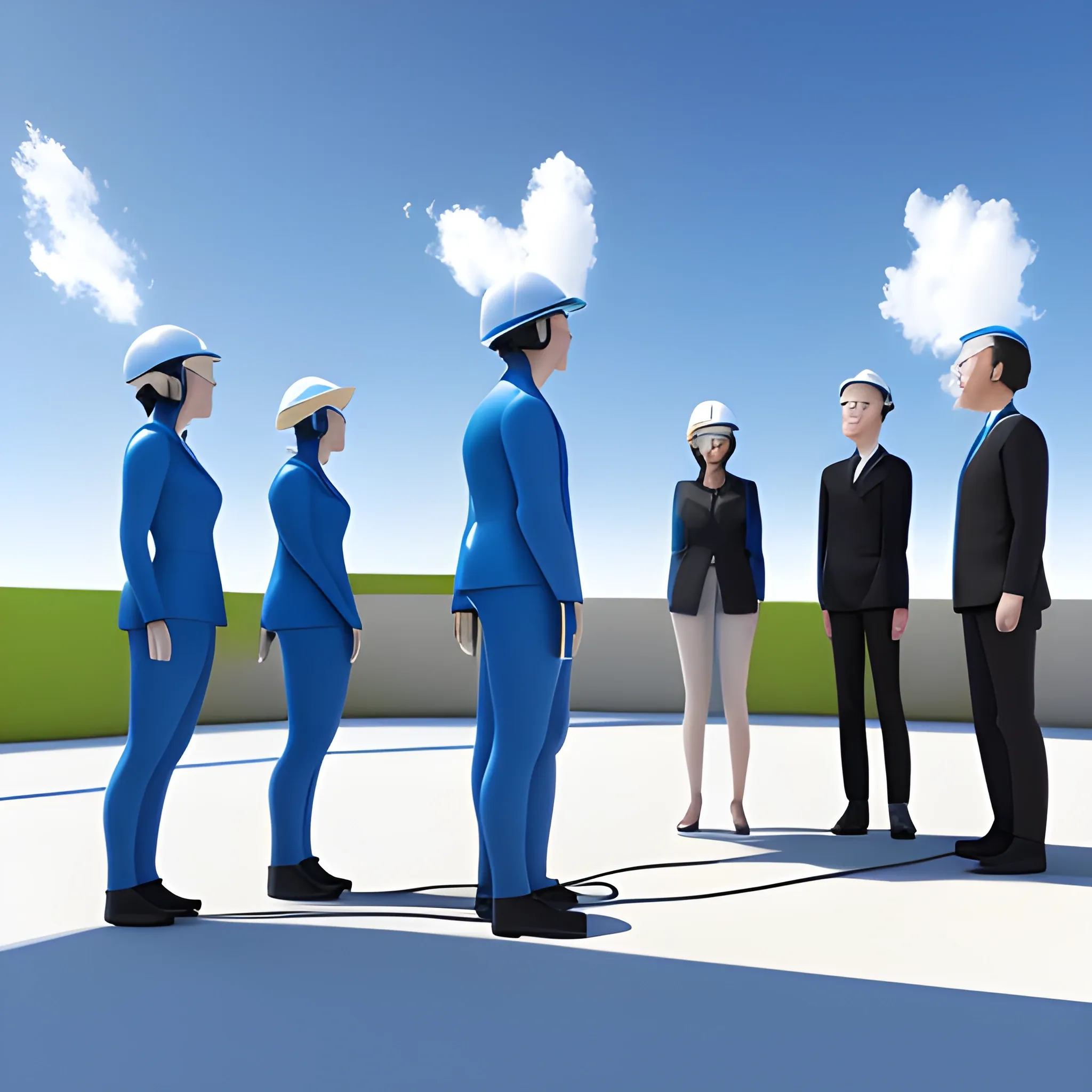 standing five men and two women talking，enhance the New Energy  Charging station，3D，blue sky 