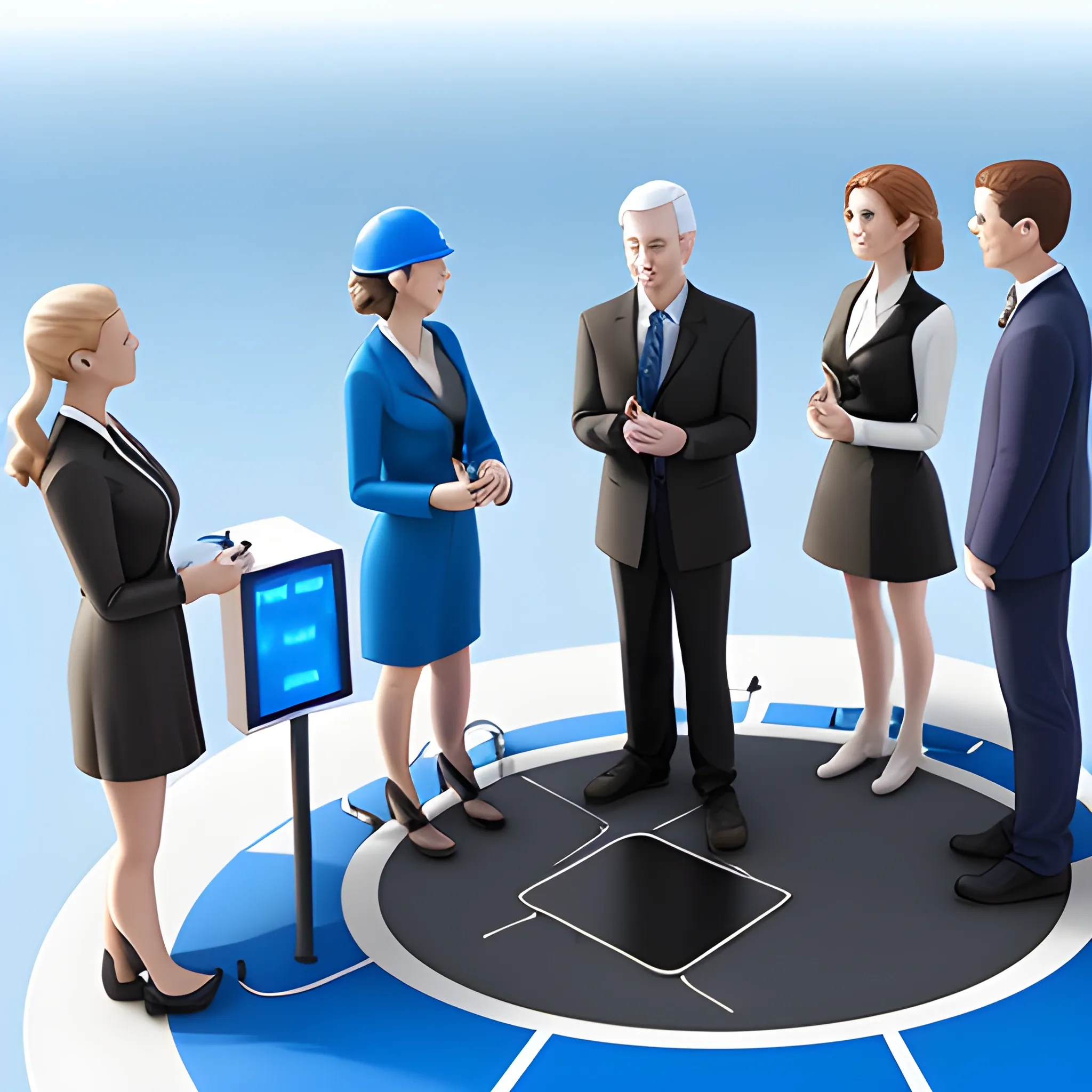 standing five men and two women talking，enhance the New Energy Charging station，3D，blue sky 