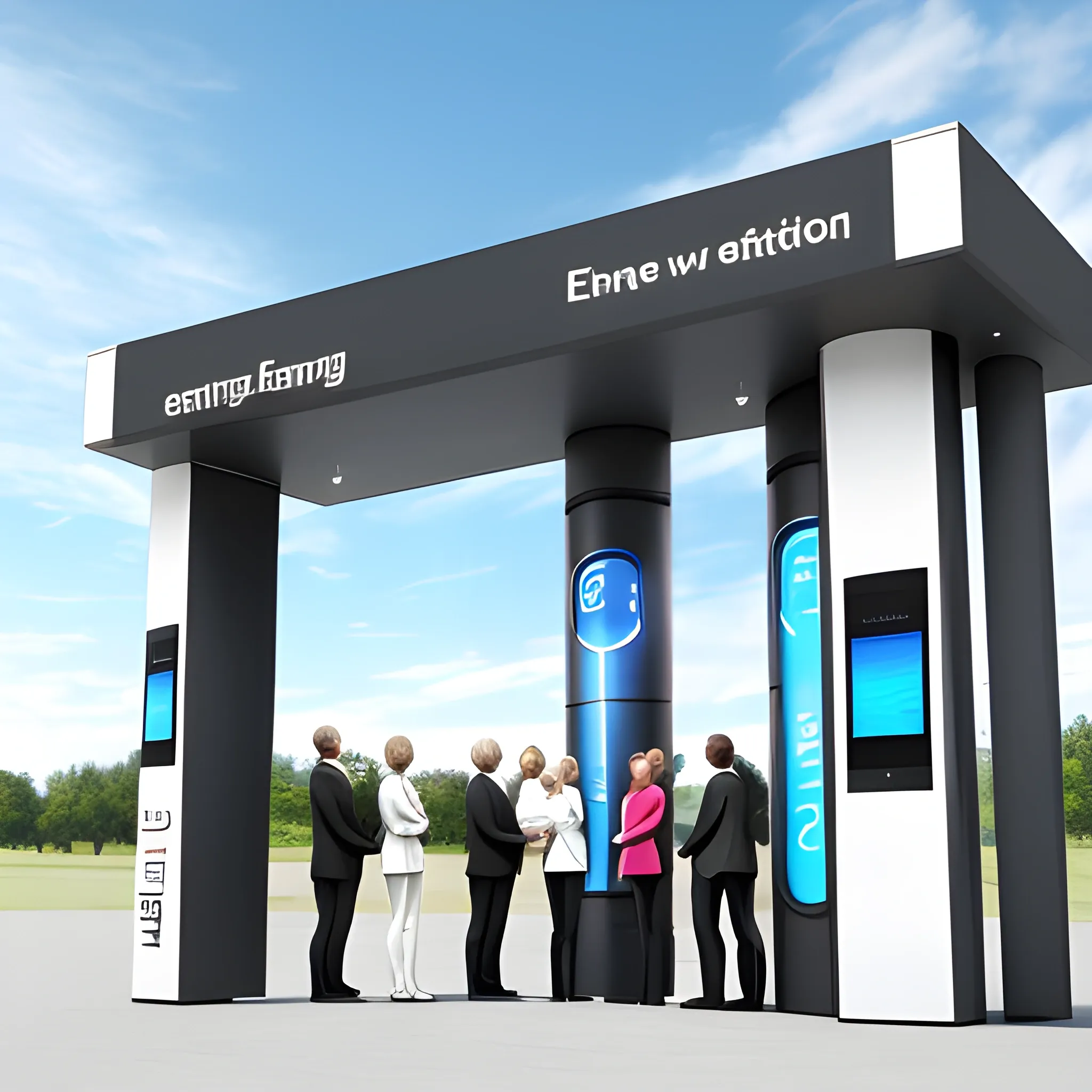 standing five men and two women talking，entrance of New energy charging station，3D，outside, sky