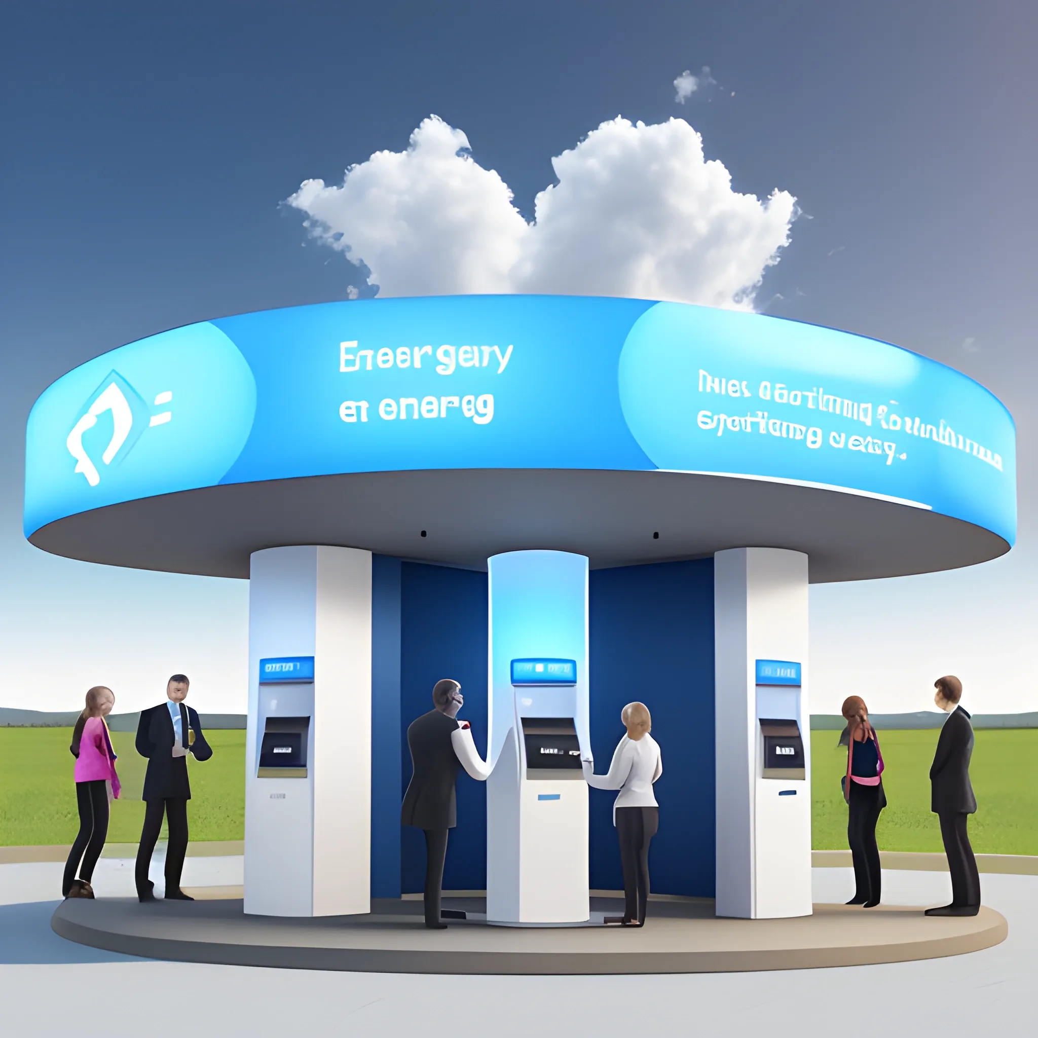 standing five men and two women talking，entrance of New energy charging station，3D，outside, sky