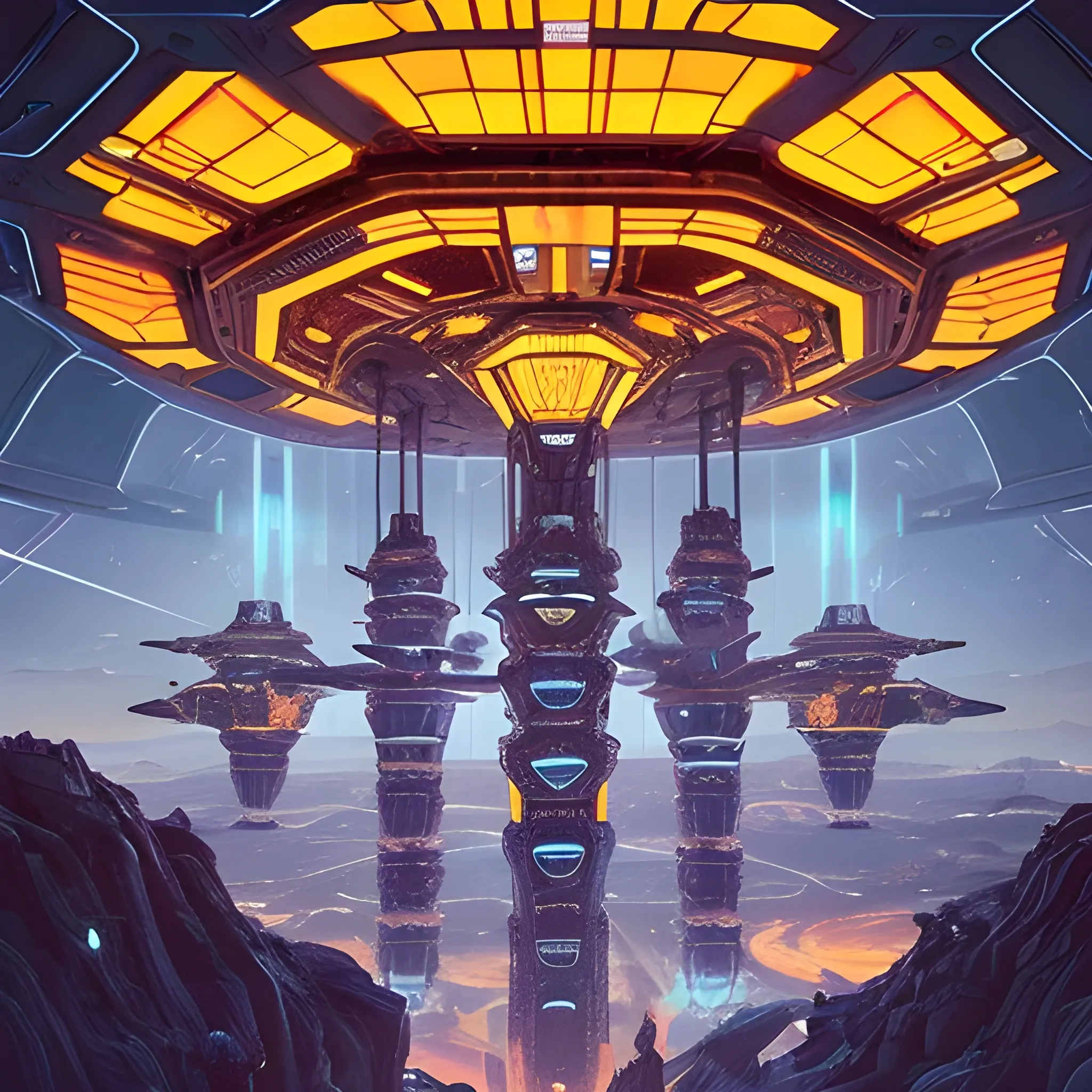 A grand, futuristic space station, that is also a colony. Multiple spaceships, varying in size and design, are docked or floating around the inside the station. The station itself is adorned with intricate architectural designs, illuminated by vibrant lights in hues of blue, orange, and red. On the ground level, a multitude of alien beings, dressed in diverse attire, are seen interacting, conversing, or simply observing. There are numerous construction equipment vehicles. 🧰🏗️👷👷‍♀️👷‍♂️🚧🧰🚧🥽🏗️⚒️⚓⚗️⚙️⛏️✂️🔦🔥🔎🔍📐👩‍🔧👨‍🔧🔱🔨🔩🗜️🔪🛠️🔫🧑‍🔧🔬🪚🪛🔭The backdrop is dominated by a massive, glowing planet, suggesting that this colony is located on or near a celestial body. There at least 200 humans, aliens, humanoids, cyborgs, Massive equipment, that moves just about any ship around. It hangs from the mile high ceiling.