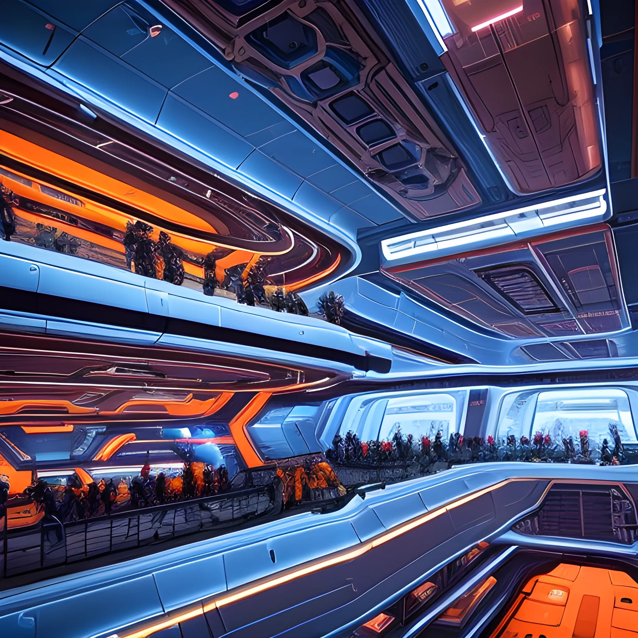 A grand, futuristic space station, that is also a colony. Multiple spaceships, varying in size and design, are docked or floating around the inside the station. The station itself is adorned with intricate architectural designs, illuminated by vibrant lights in hues of blue, orange, and red. On the ground level, a multitude of alien beings, dressed in diverse attire, are seen interacting, conversing, or simply observing. There are numerous construction equipment vehicles. 🧰🏗️👷👷‍♀️👷‍♂️🚧🧰🚧🥽🏗️⚒️⚓⚗️⚙️⛏️✂️🔦🔥🔎🔍📐👩‍🔧👨‍🔧🔱🔨🔩🗜️🔪🛠️🔫🧑‍🔧🔬🪚🪛🔭The backdrop is dominated by a massive, glowing planet, suggesting that this colony is located on or near a celestial body. There at least 200 humans, aliens, humanoids, cyborgs, Massive equipment, that moves just about any ship around. It hangs from the mile high ceiling.