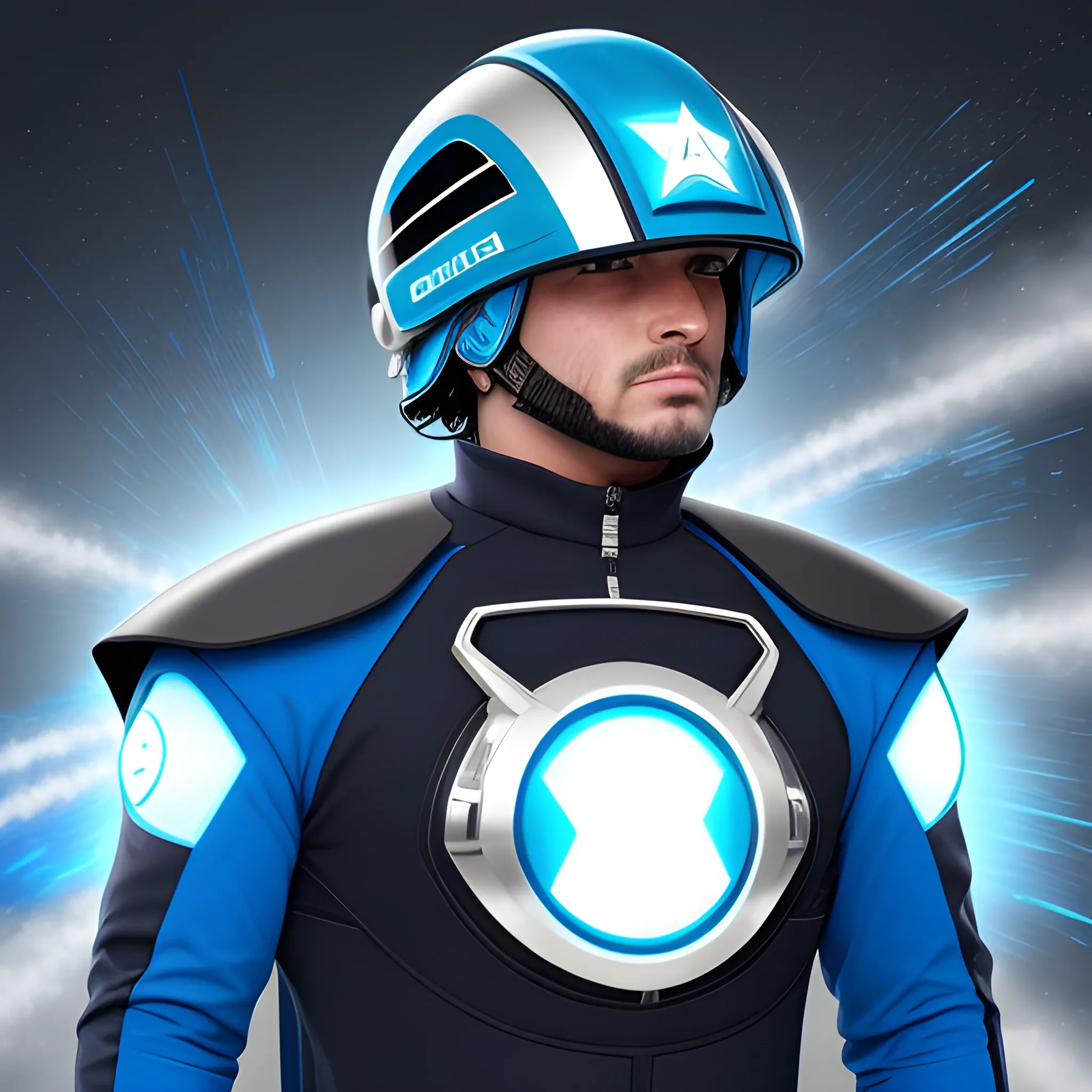 un superhéroe original con los siguientes atributos: traje futurista de alta tecnología, colores predominantes azul y plateado, capa larga ondeando al viento, símbolo en el pecho con forma de estrella, y un casco con visor., Cartoon