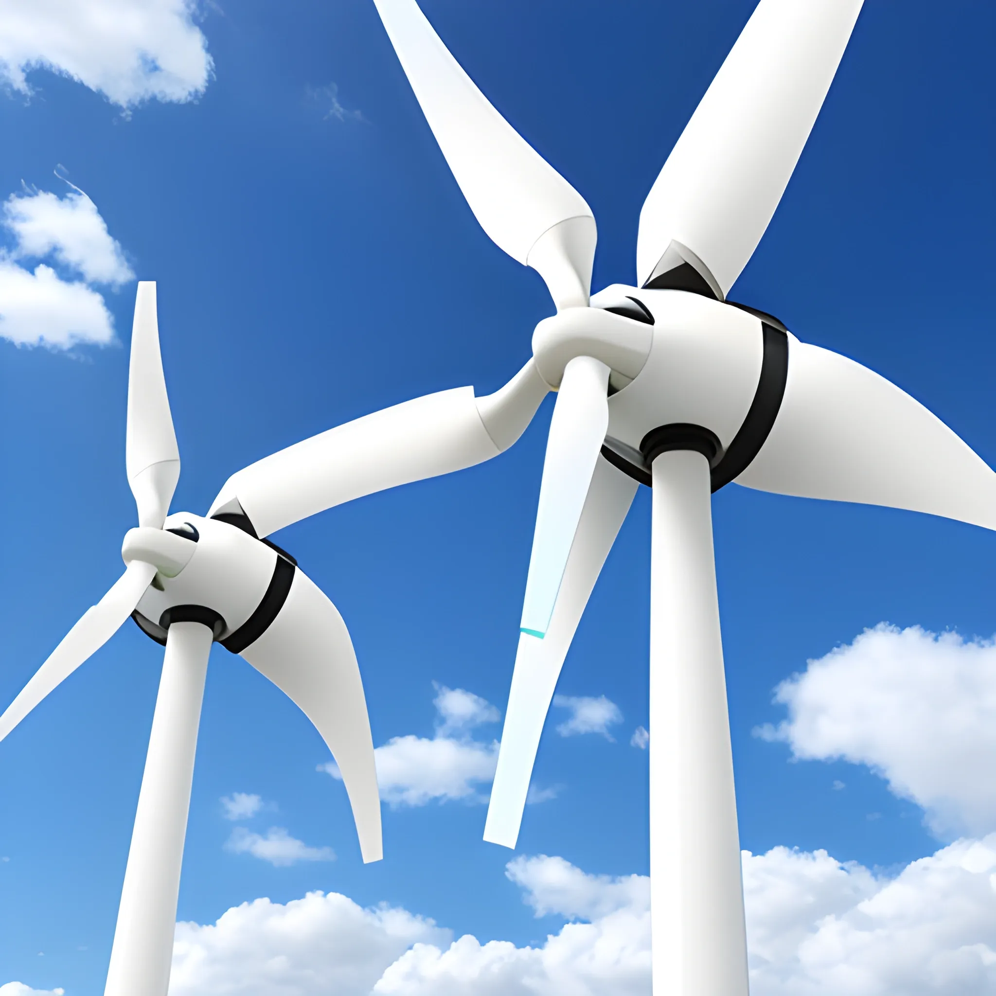 facing Three-blade wind turbines，3D，blue sky and white clouds