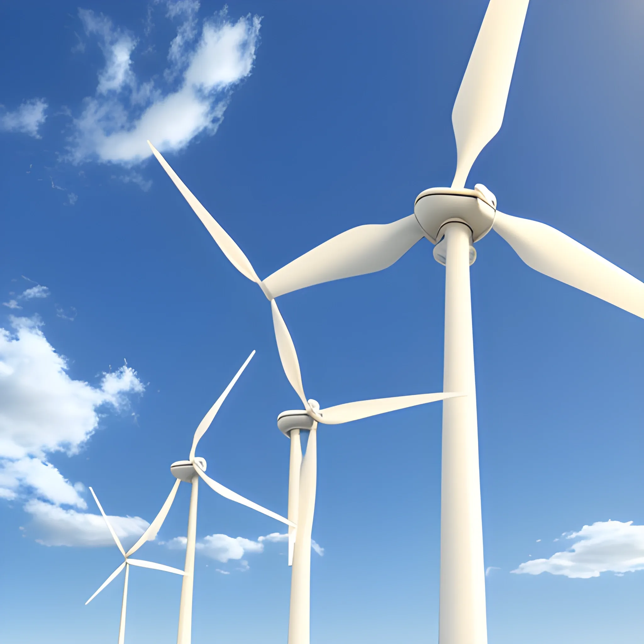 facing Three-blade wind turbines，3D，blue sky and white clouds，far-sightedness