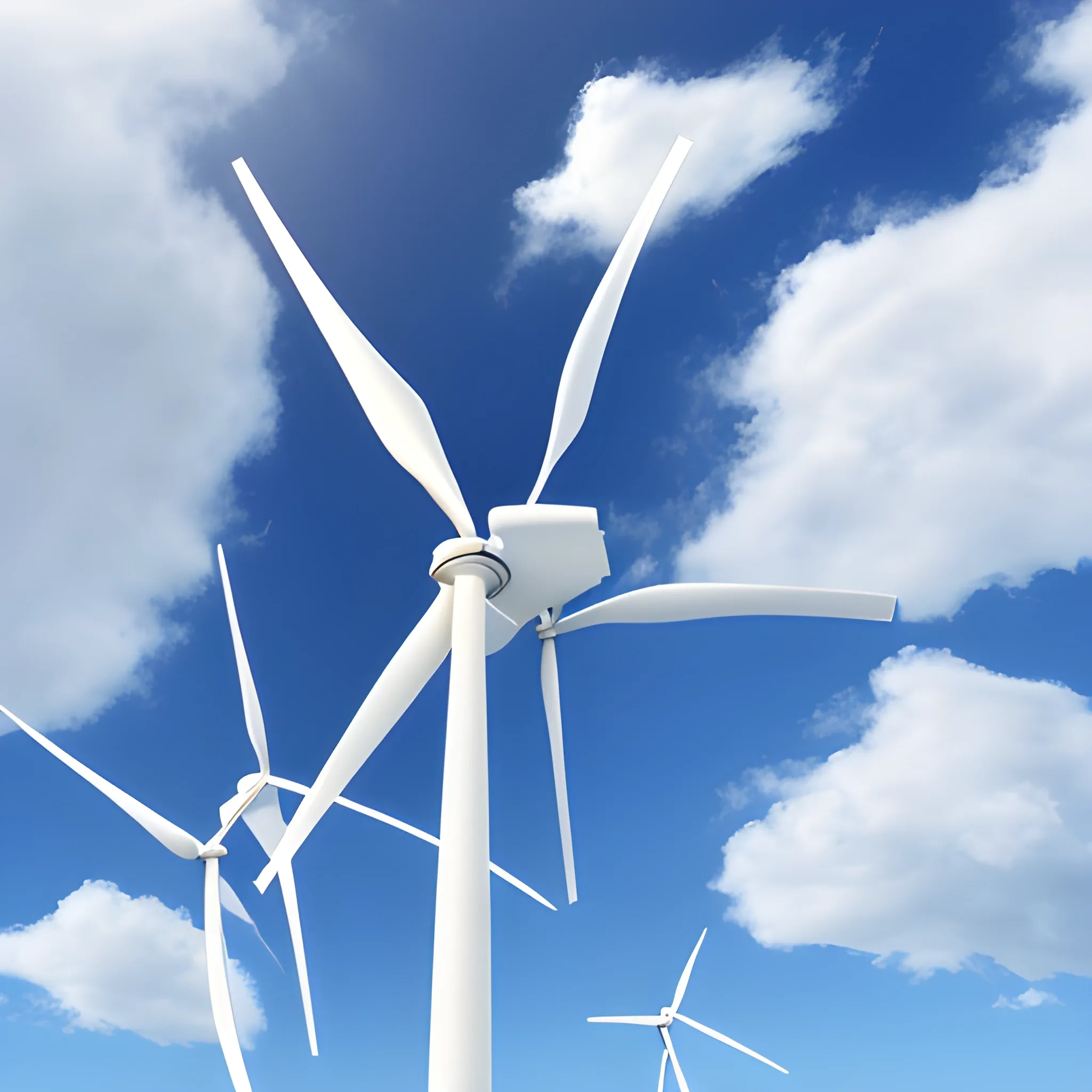 facing Three-blade wind turbines，3D，blue sky and white clouds，far-sightedness