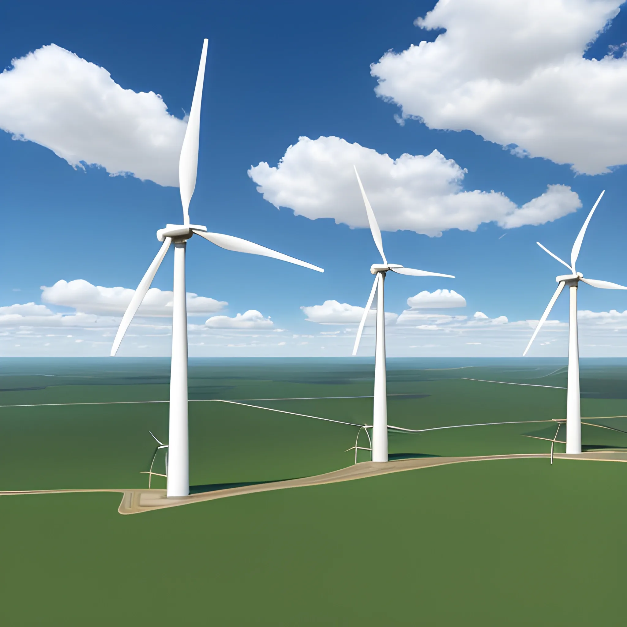 facing Three-blade wind turbines，3D，blue sky and white clouds，far-sightedness from ground
