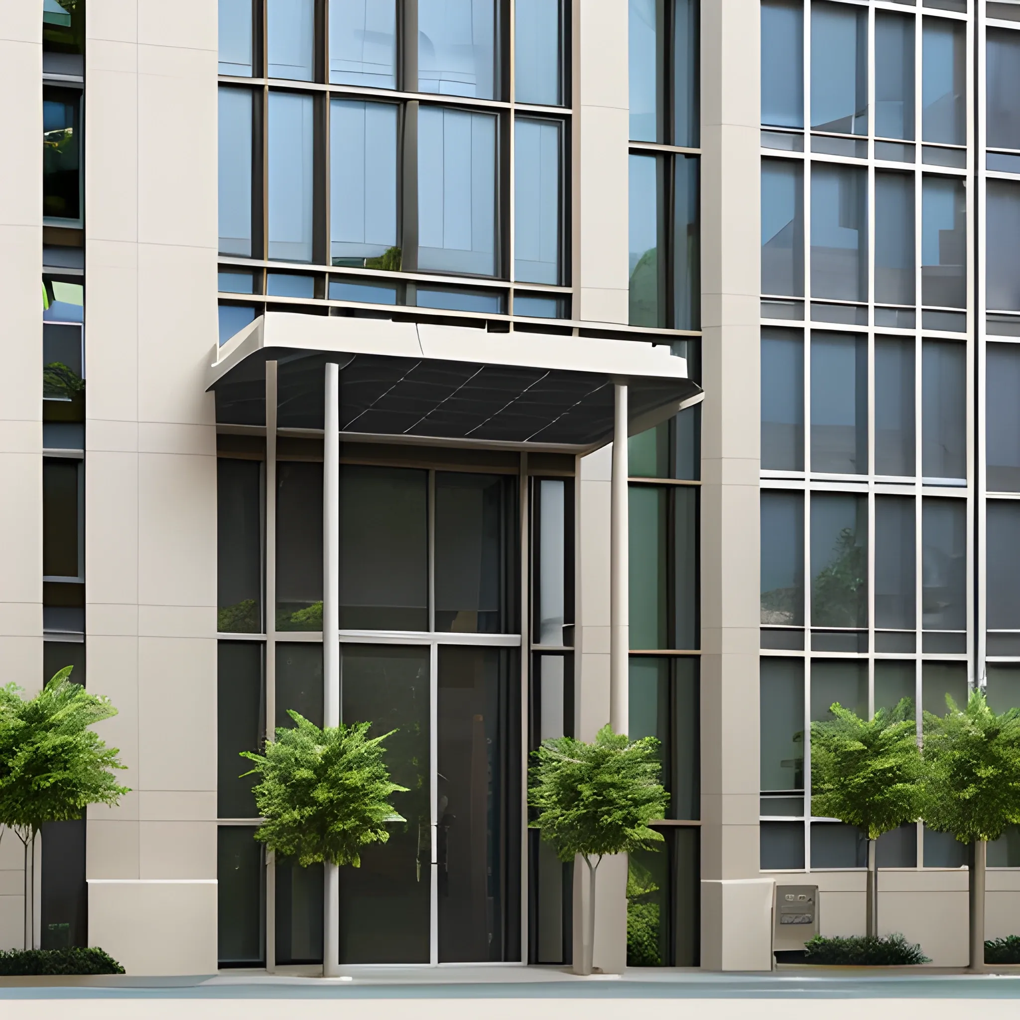 entrance of high-rise building, the building facade: photovoltaic panel and plant，3D