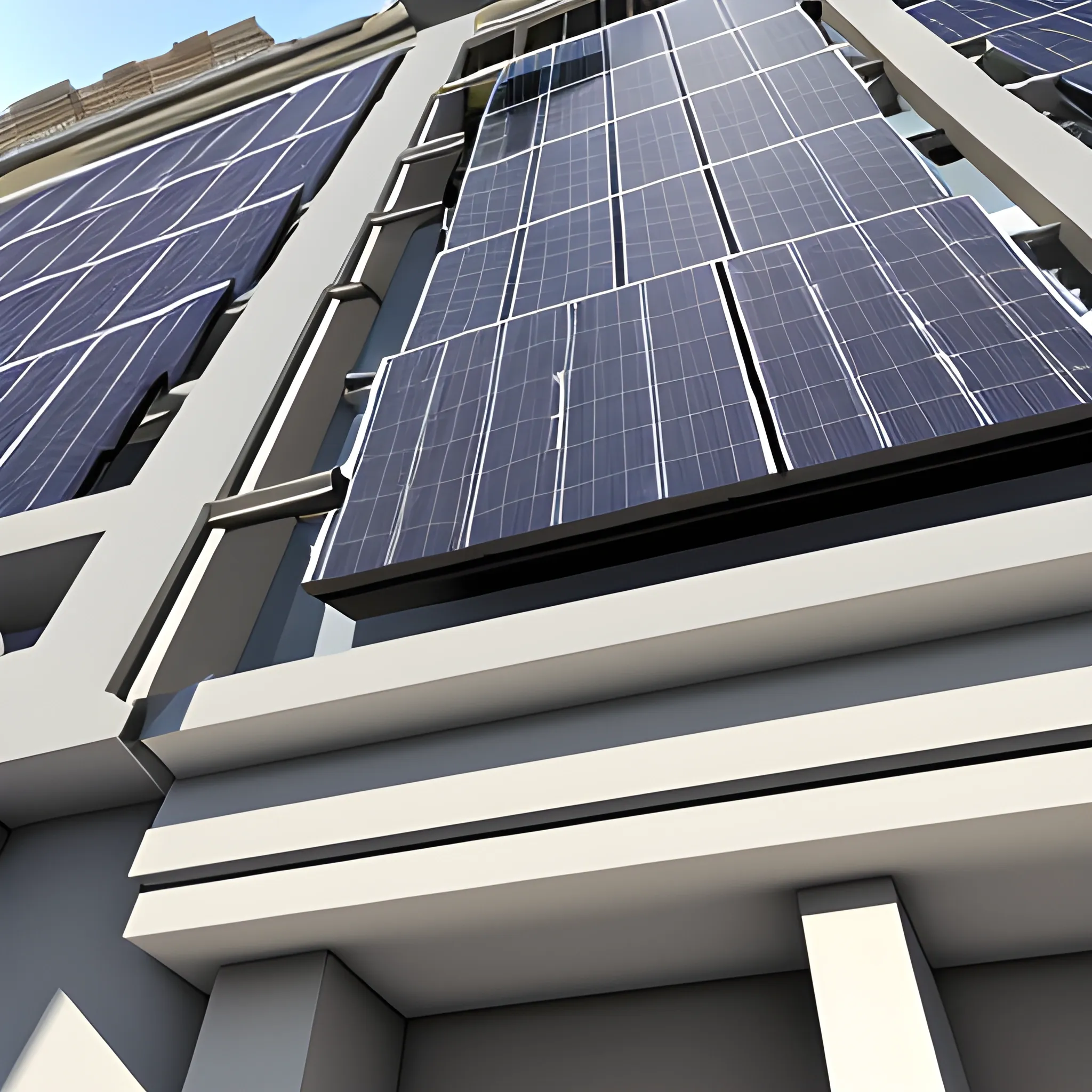 entrance of high-rise building, the building facade: photovoltaic panel ，3D