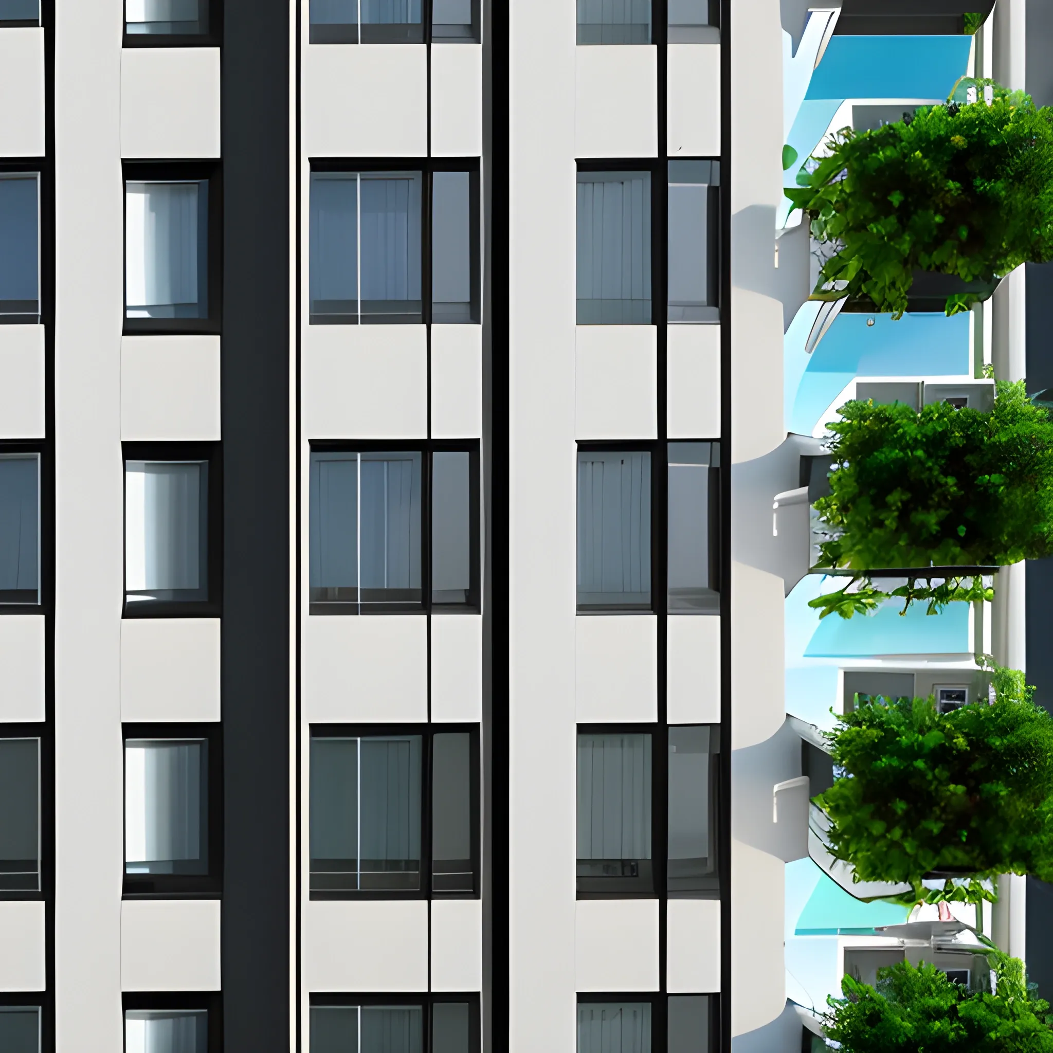  high-rise building, the building facade: photovoltaic panel and plants，3D