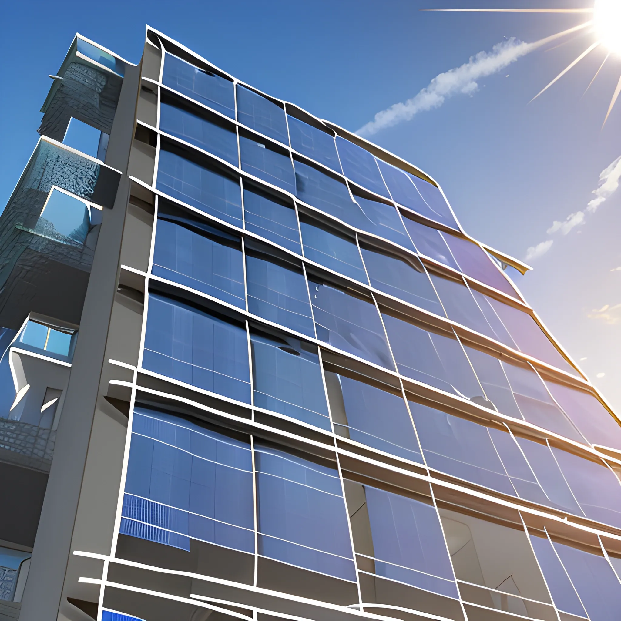  high-rise building, the building facade: photovoltaic panel ，3D, blue sky