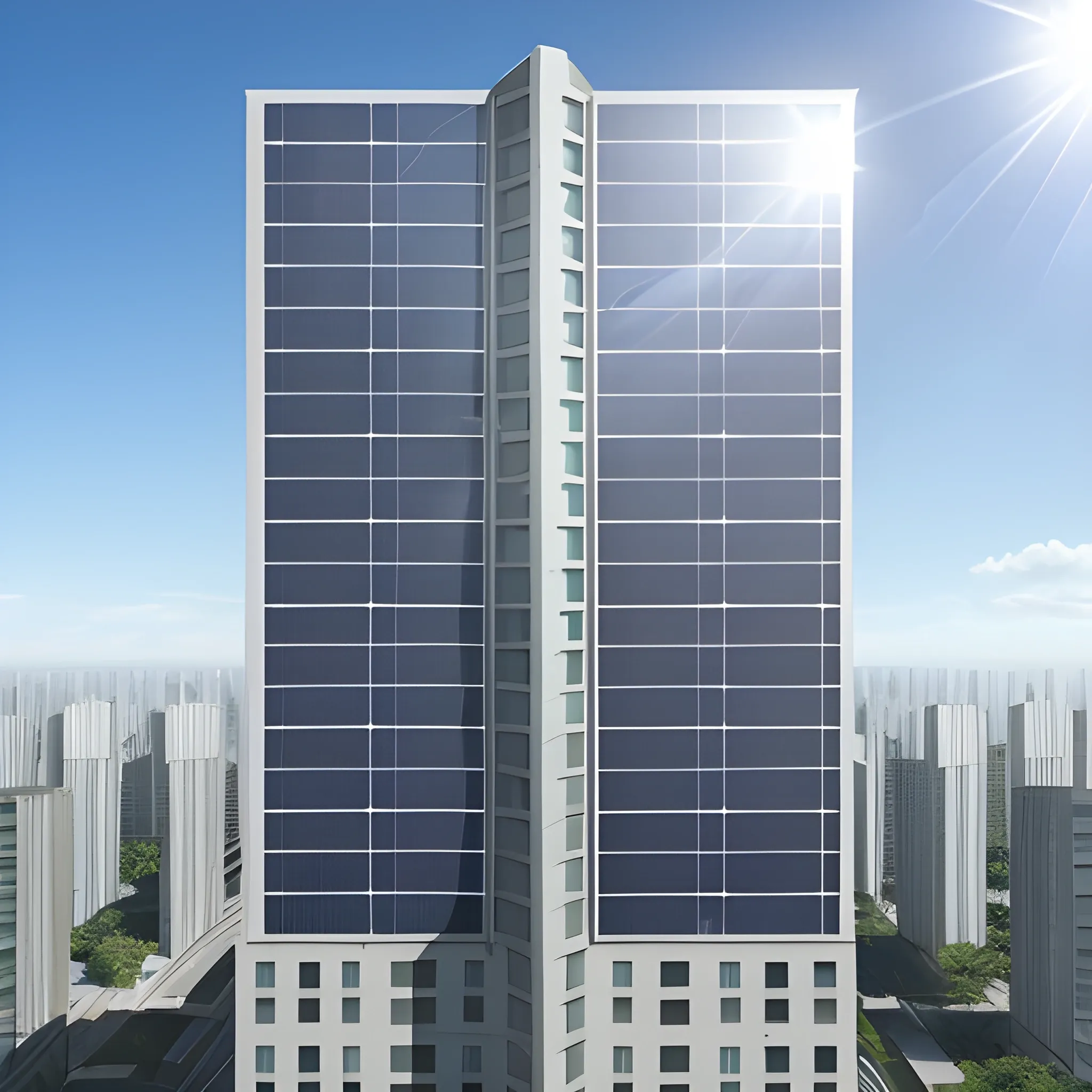  high-rise building, the building facade: photovoltaic panel ，3D, blue sky, green