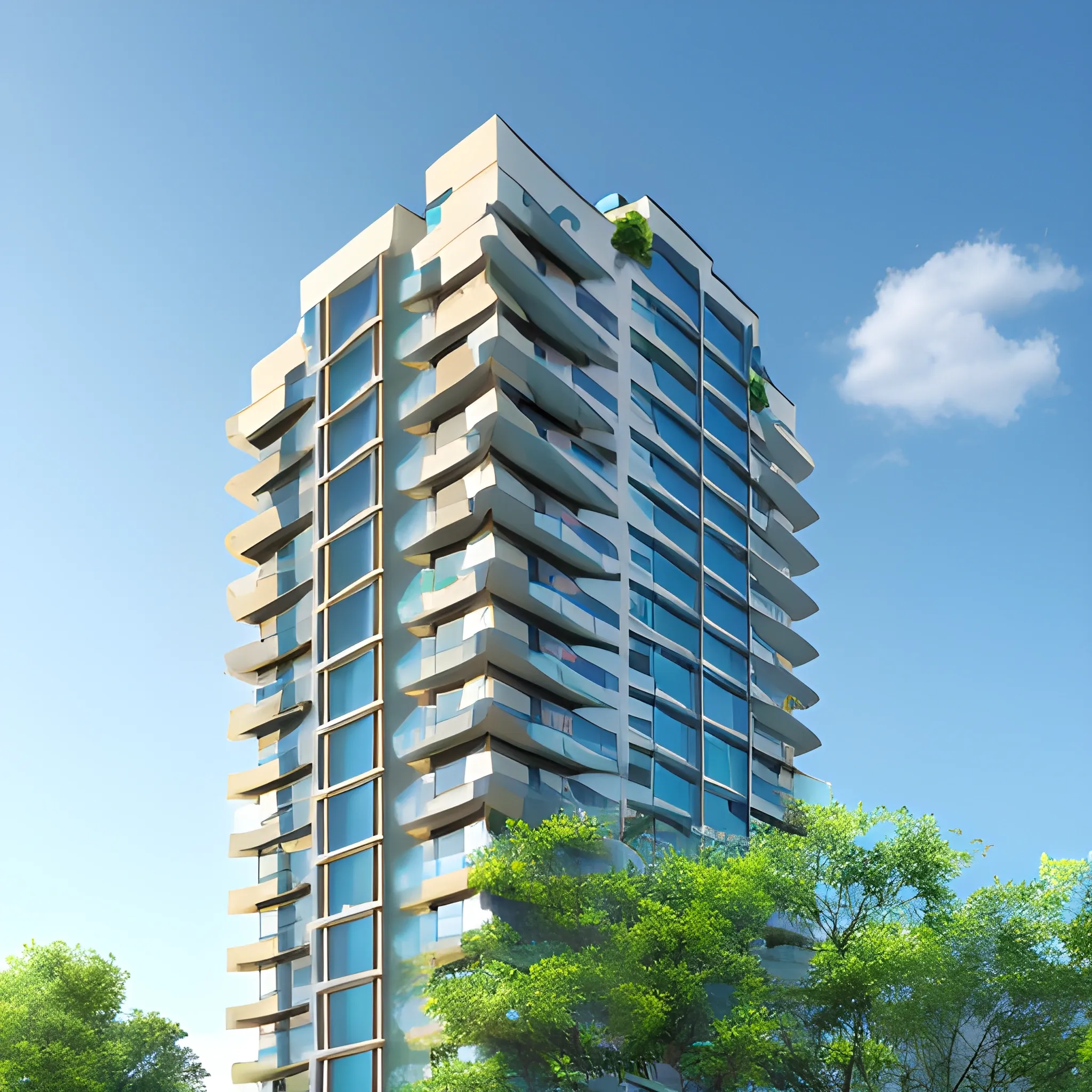  high-rise building, the building facade: photovoltaic panel ，3D, blue sky, green tree