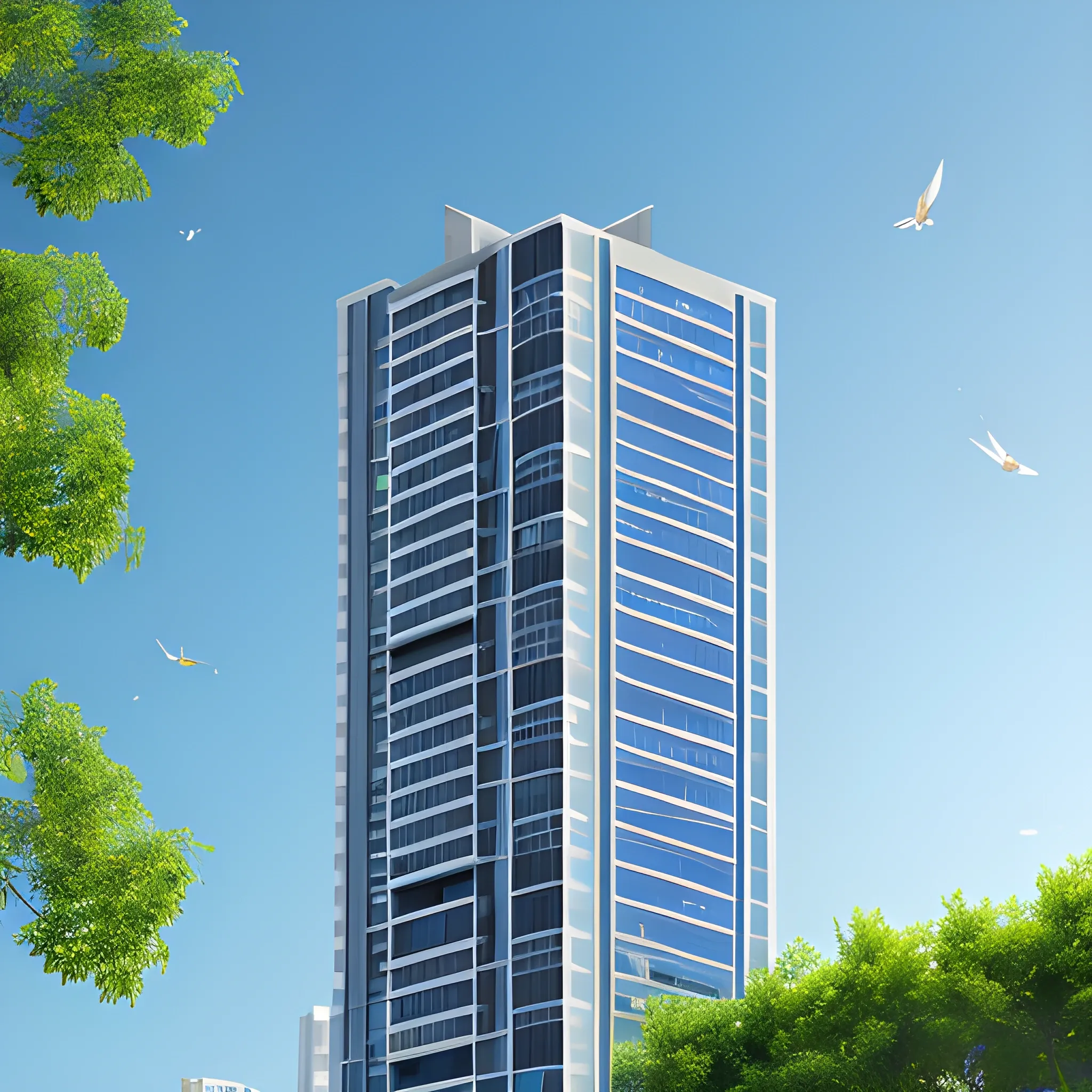  high-rise building, the building facade: photovoltaic panel ，3D, blue sky, green tree