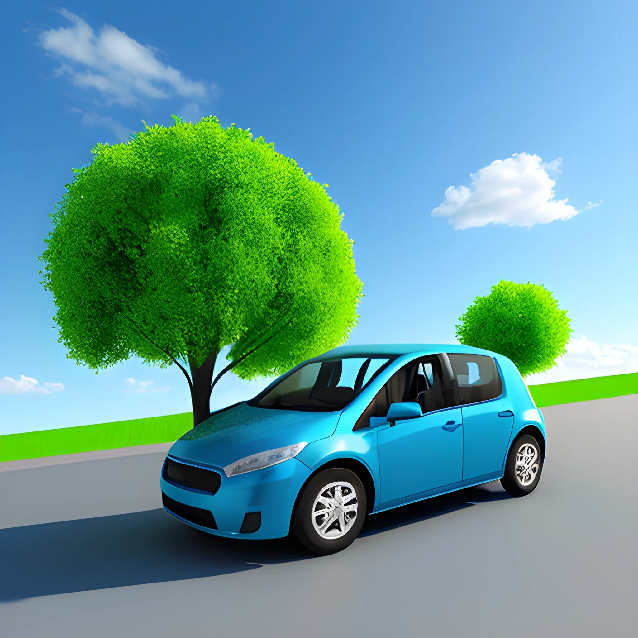 new energy vehicle ，3D, blue sky, green tree