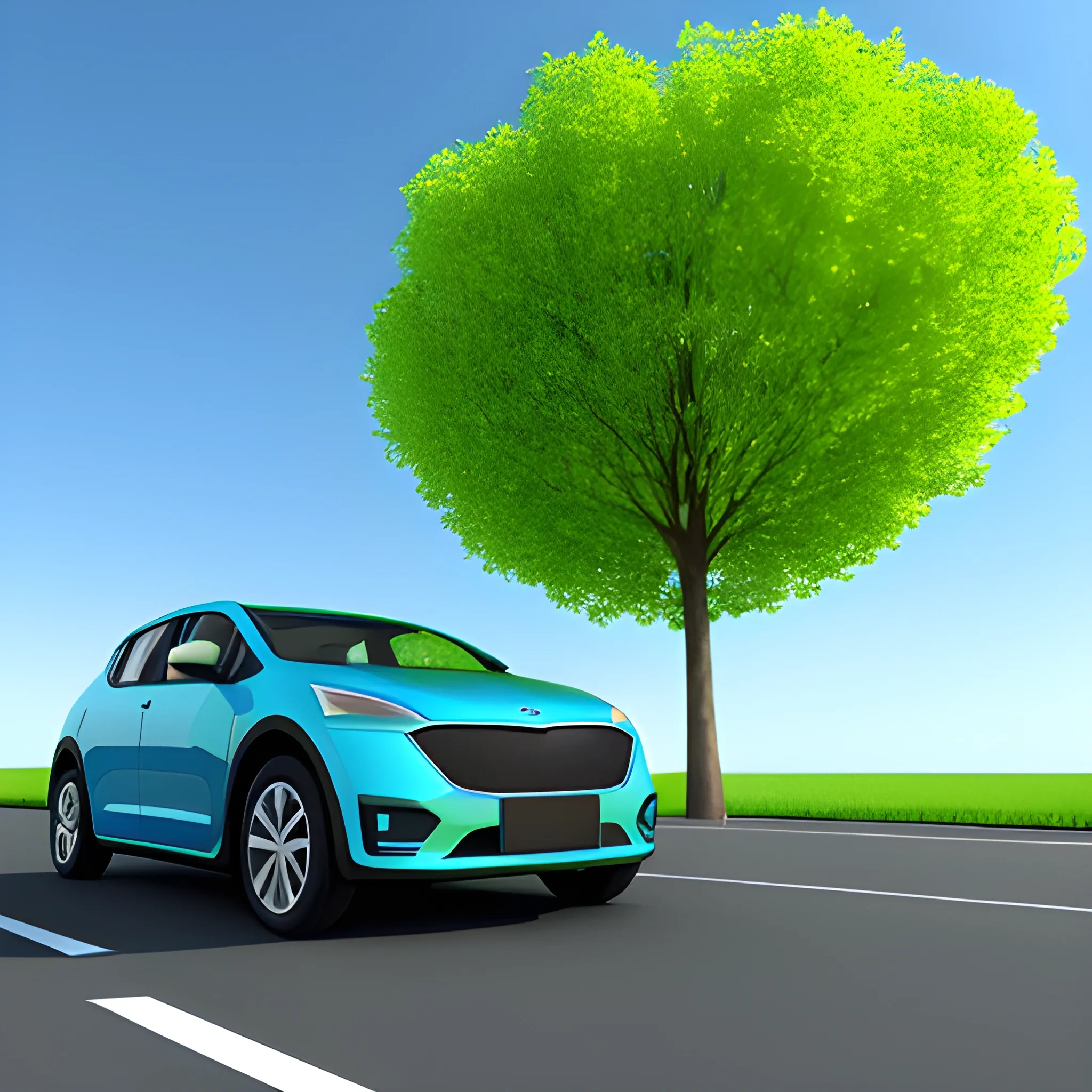 new energy vehicle ，3D, blue sky, green tree