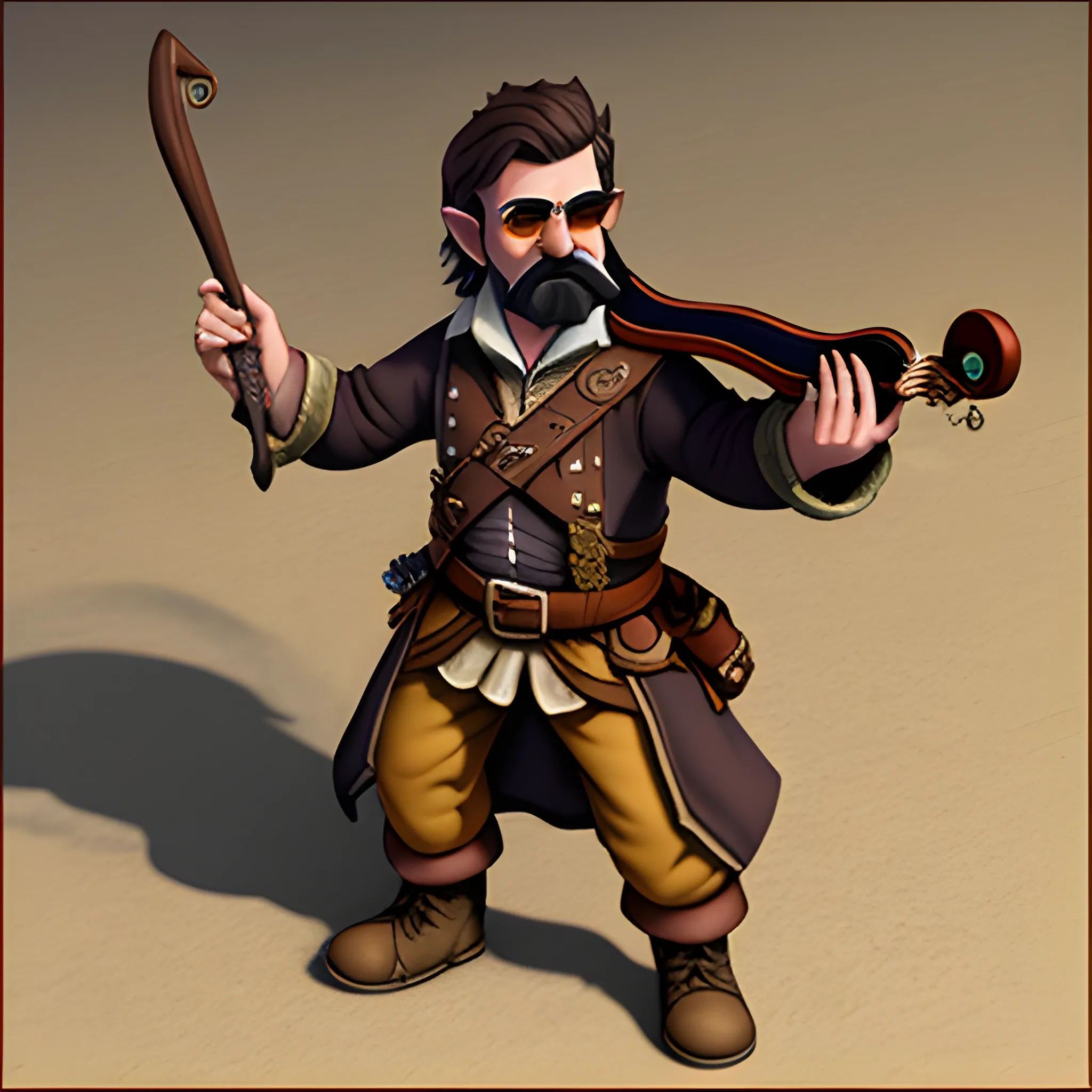 dungeons and dragons, bard, epic, male, short, halfling, graying brown hair, sunglasses, mustache, magic, cartoon, fantasy, 3D