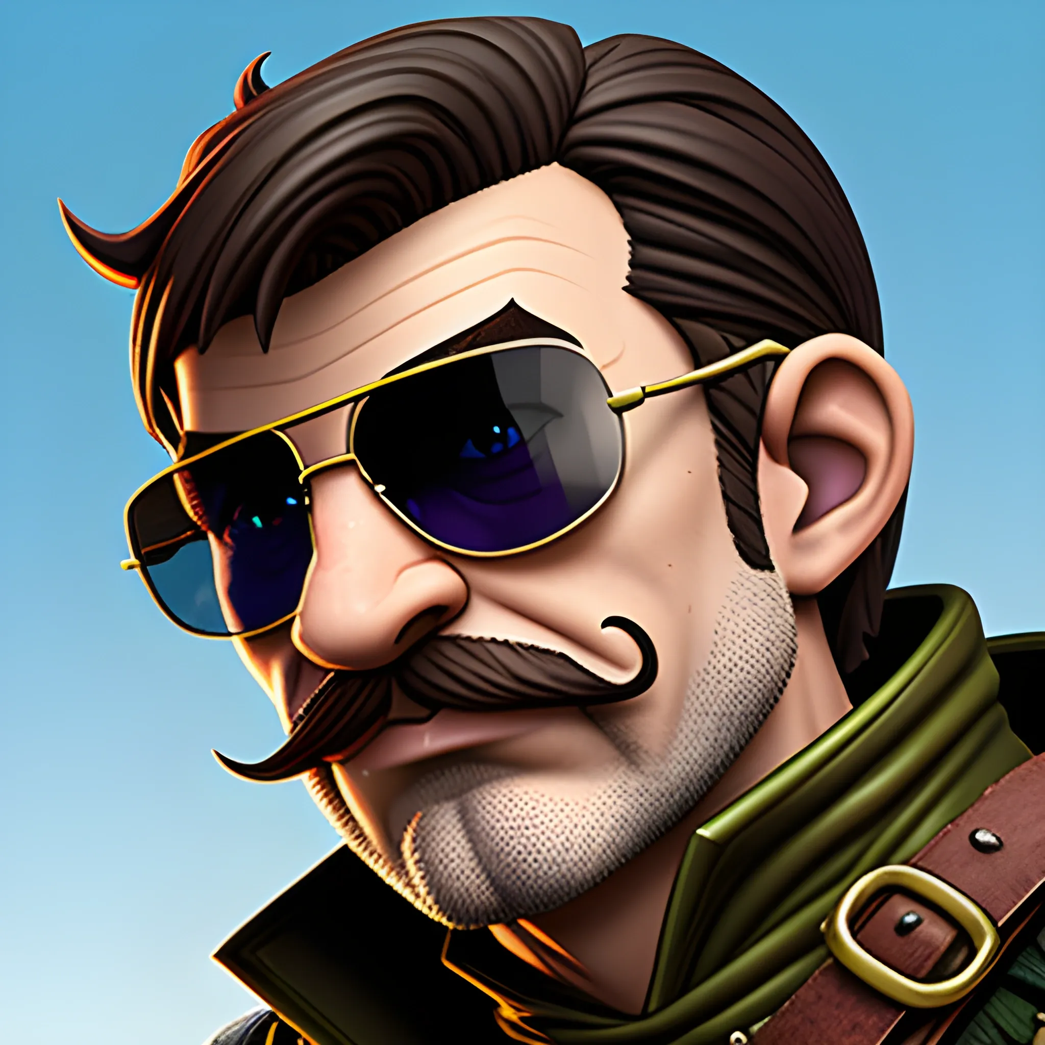 dungeons and dragons, rogue, epic, male, short, halfling, graying brown hair, sunglasses, mustache, cartoon, fantasy, 3D