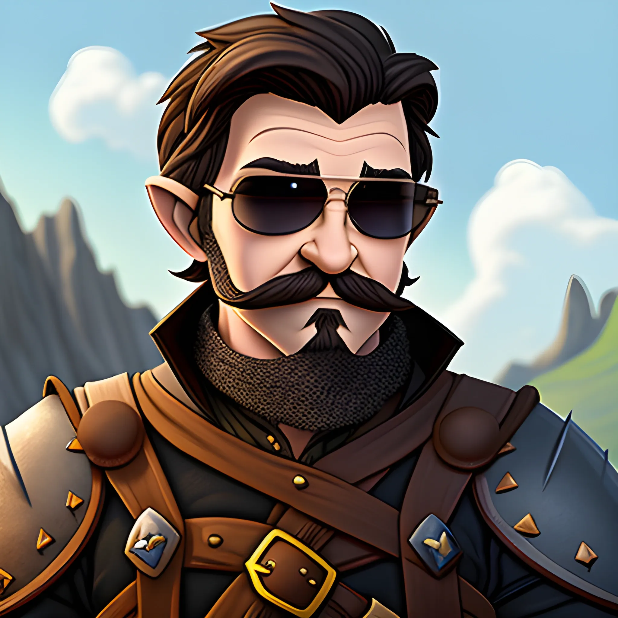 dungeons and dragons, rogue, epic, male, short, halfling, graying brown hair, sunglasses, thin mustache, cartoon, fantasy, 3D